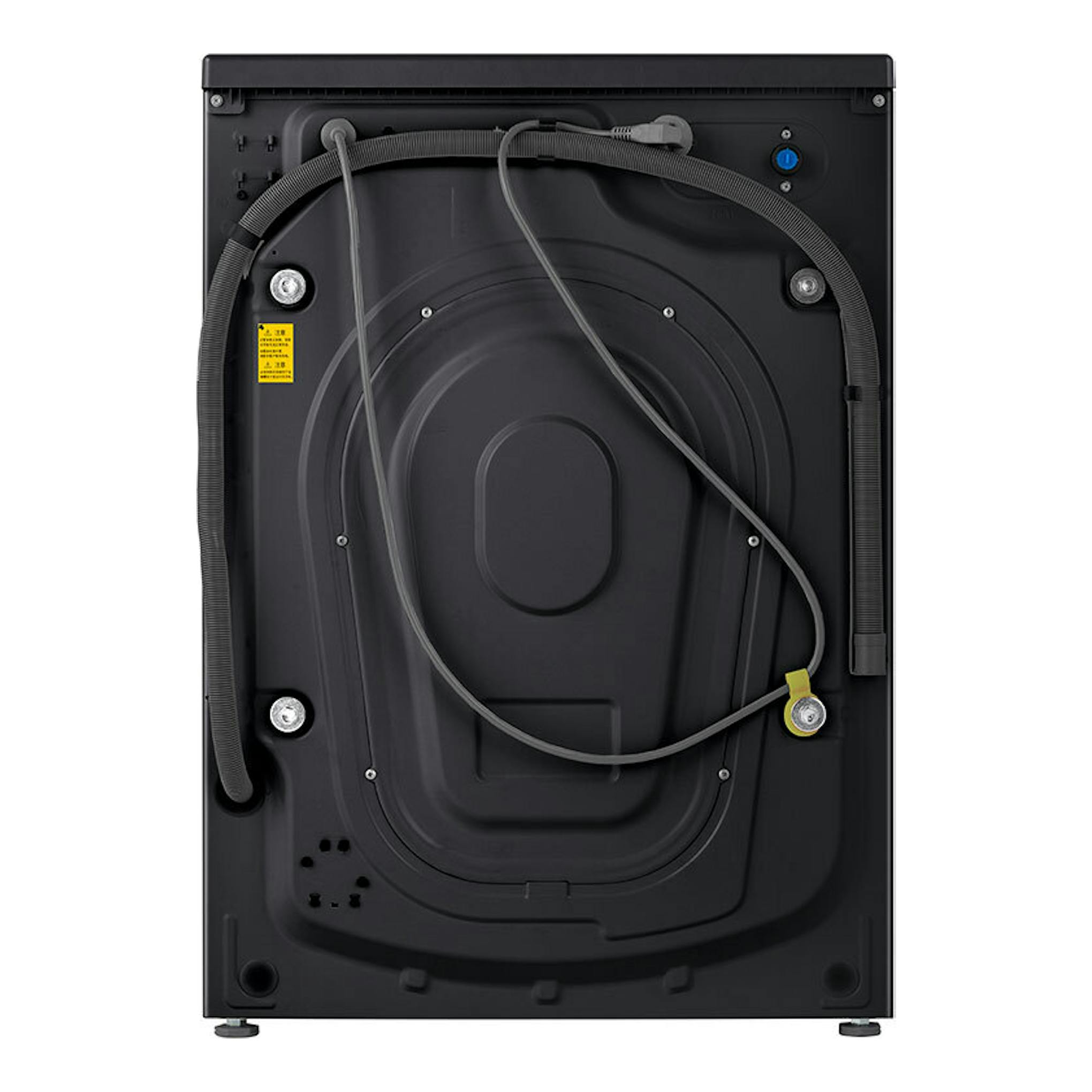 Lavadora Hisense WF3S9043BB3 negra, vista trasera, con mangueras y panel posterior visible.