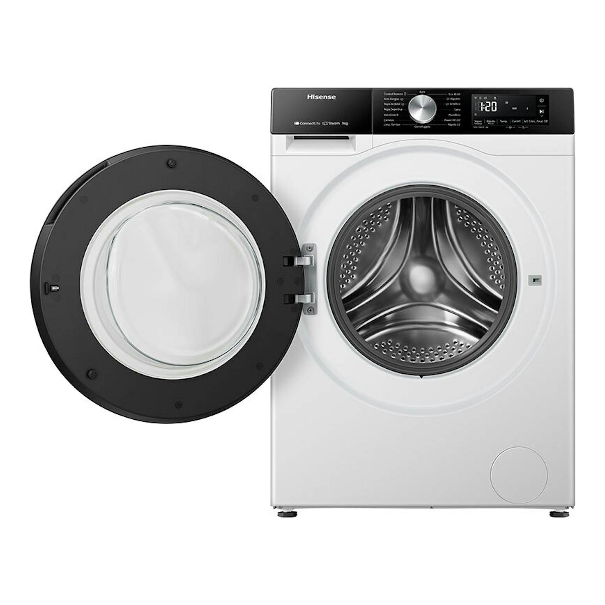 Lavadora frontal Hisense WF3S9043BW3 blanca, vista frontal, con la puerta abierta y panel negro.