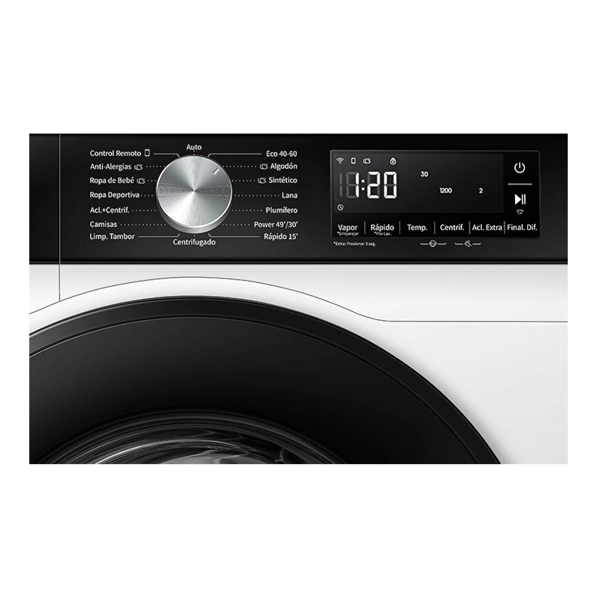 Lavadora Hisense WF3S9043BW3 blanca, vista frontal parcial con panel negro, selector giratorio y pantalla digital.