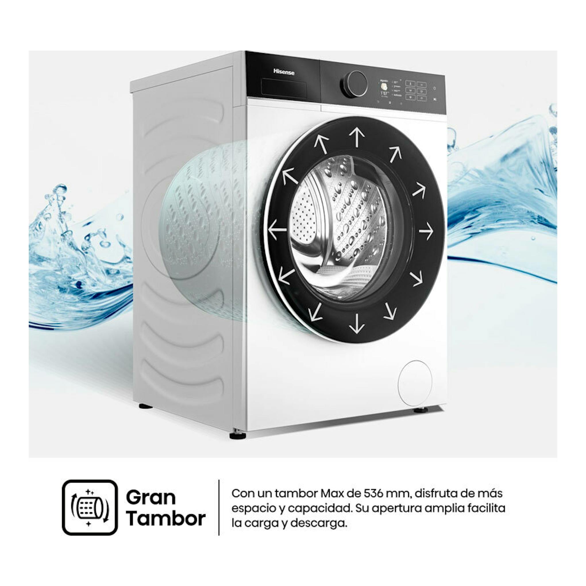Lavadora Hisense WF5i1045BWQ 10 kg, blanca y negra, vista frontal en ángulo, con puerta circular.