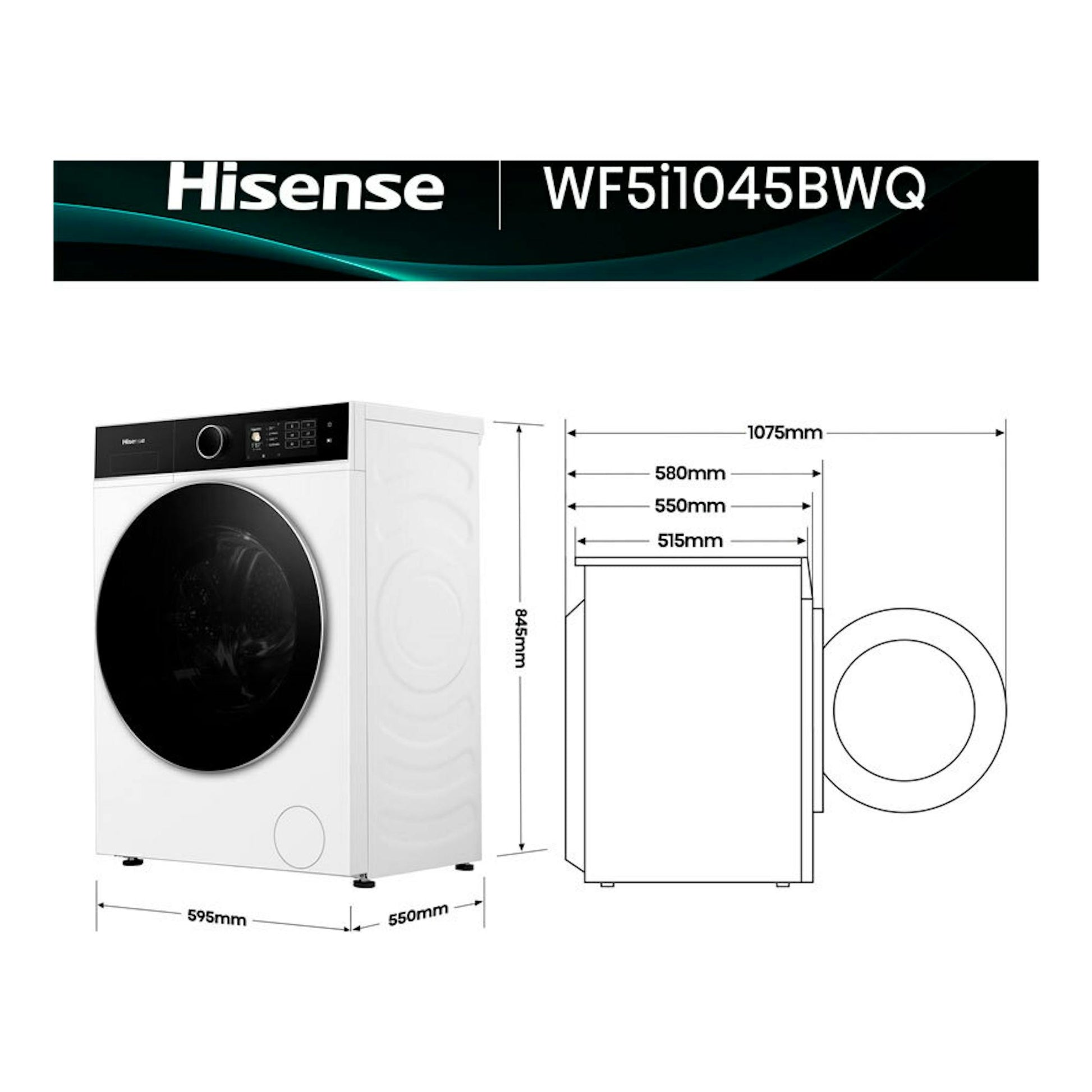 Lavadora frontal Hisense WF5i1045BWQ blanca, vista frontal y lateral con esquema de medidas.