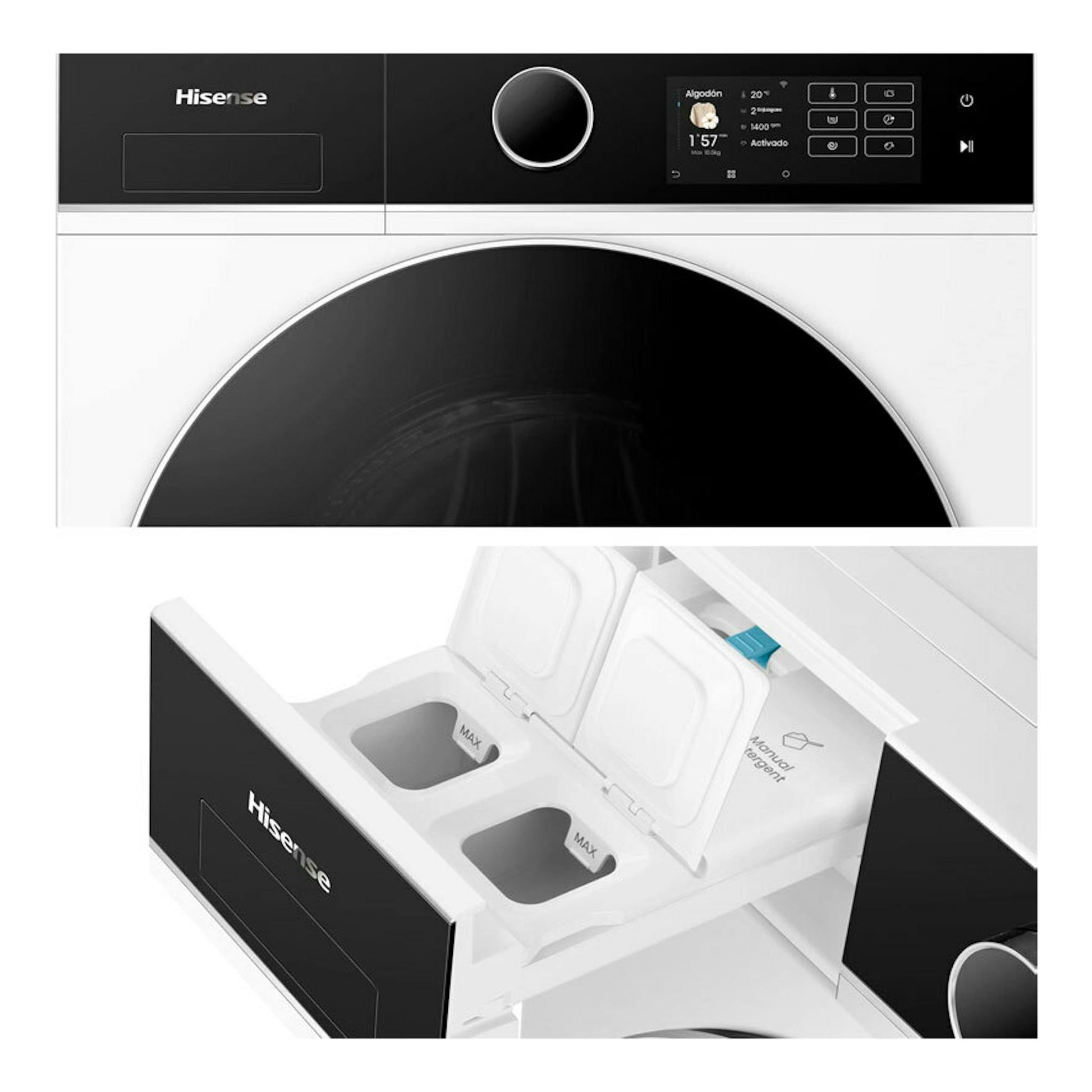 Lavadora Hisense WF5i1045BWQ, frontal en blanco y negro, con puerta circular y cajetín de detergente abierto.