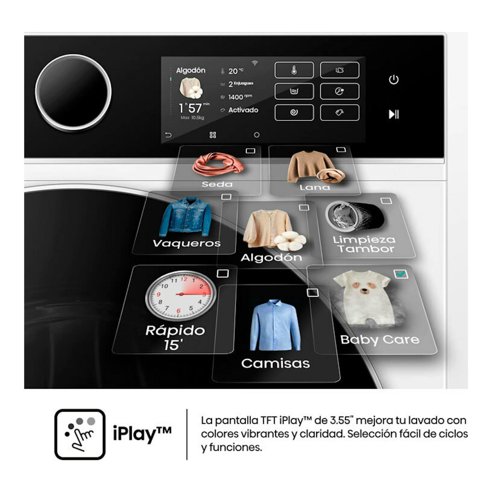 Lavadora Hisense WF5i1045BWQ 10 kg blanca, vista frontal, con panel táctil negro y selector digital.