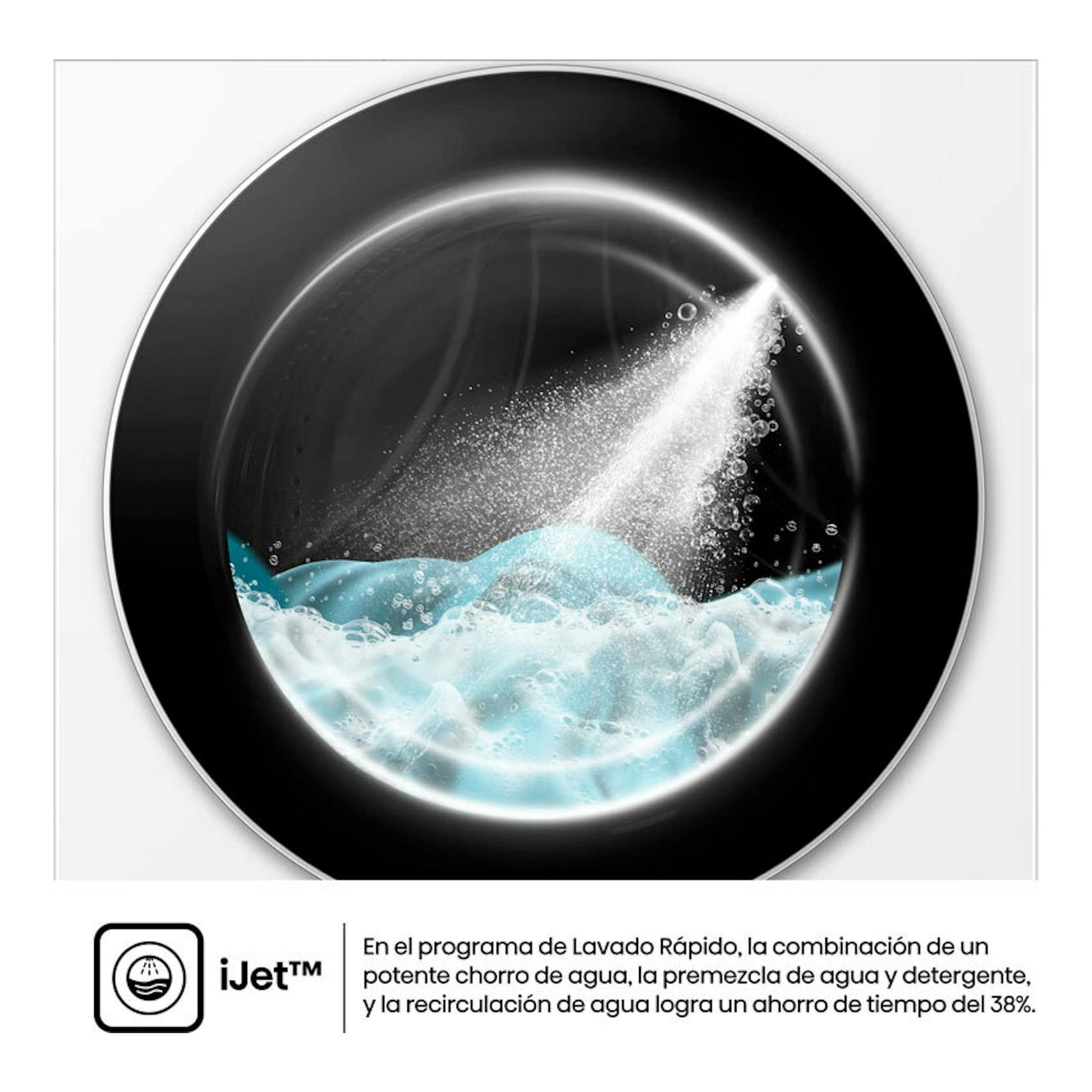 Lavadora Hisense WF5i1045BWQ, vista frontal del tambor negro con agua y logo iJet.