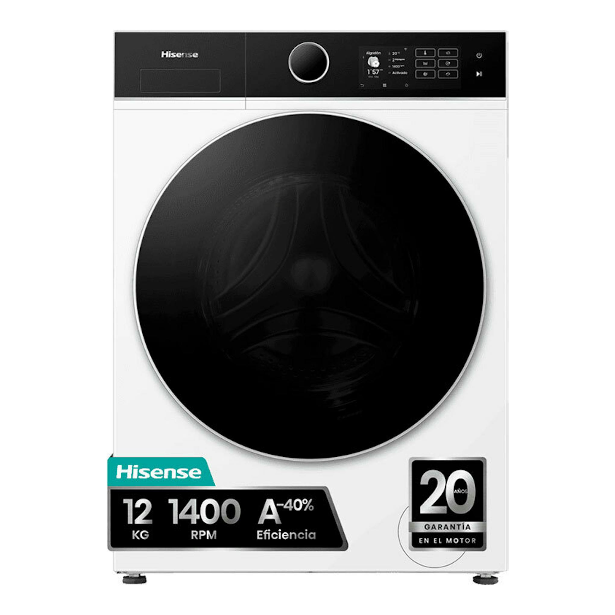 Lavadora Hisense WF5i1245BWR blanca, vista frontal, con puerta negra circular y panel superior negro.