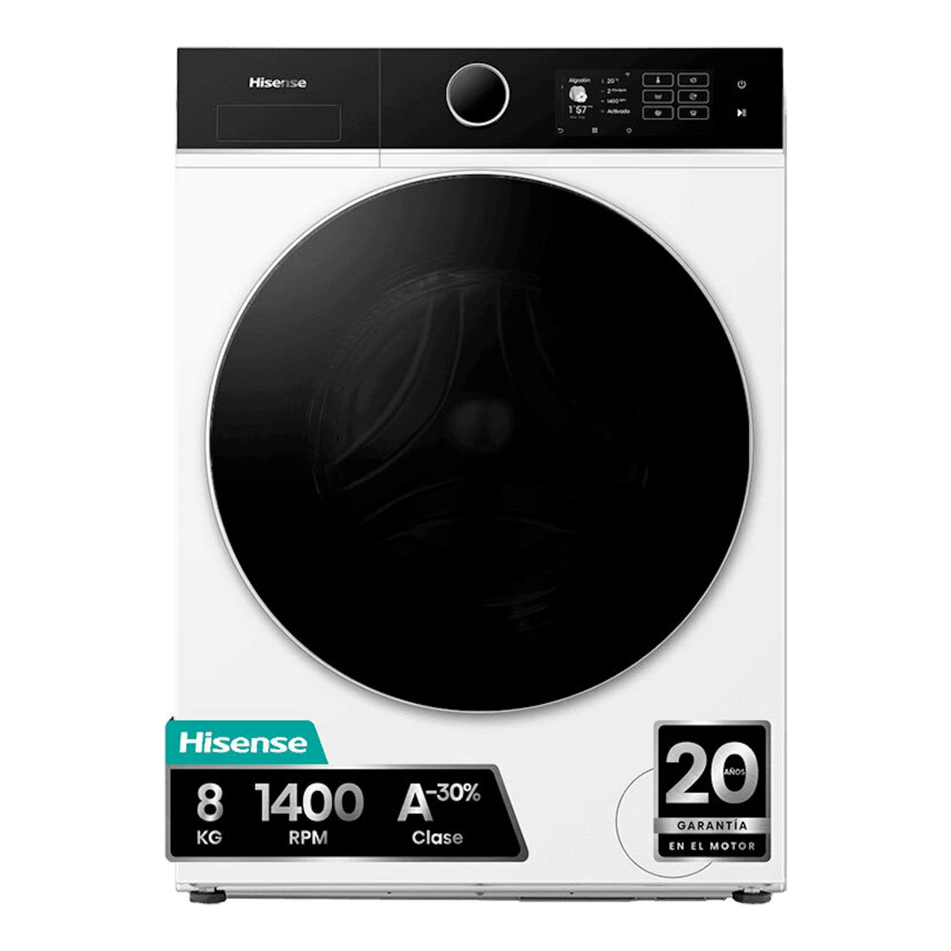 Lavadora Hisense WF5i8043BWF blanca, vista frontal, con puerta negra circular y panel superior negro.