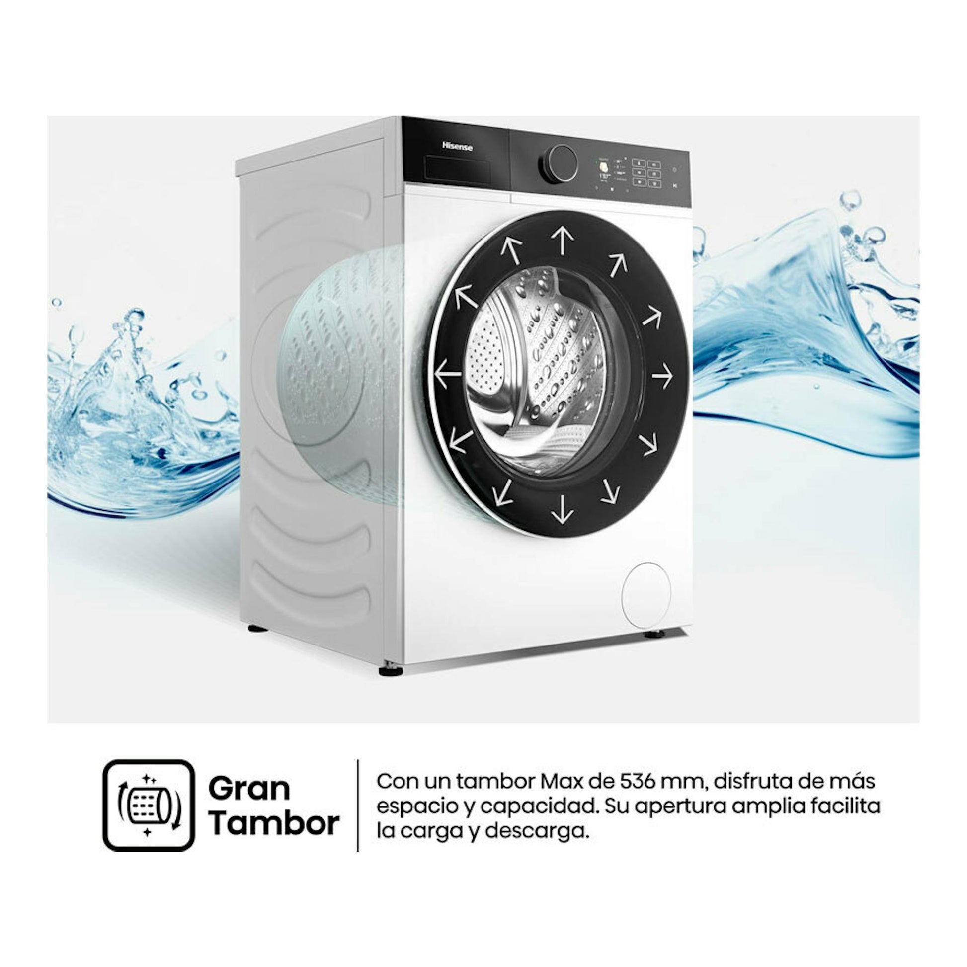 Lavadora Hisense WF5i8043BWF blanca, vista 3/4 frontal, con puerta negra y fondo de agua.