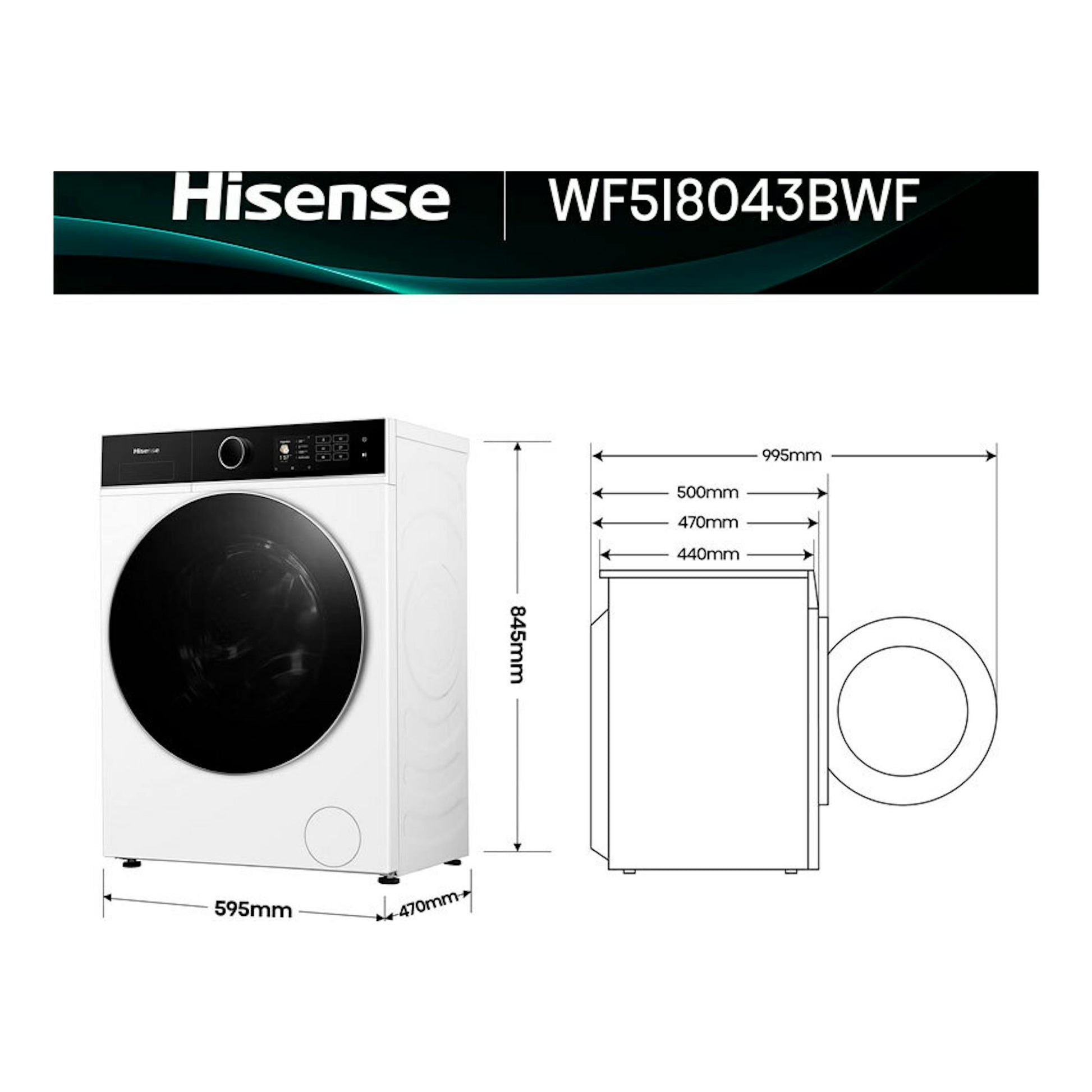 Lavadora Hisense WF5I8043BWF blanca, vista frontal y lateral, con medidas indicadas.