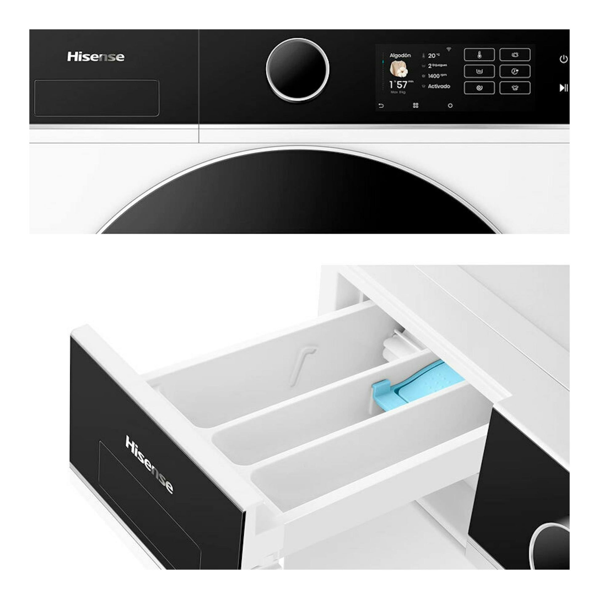 Lavadora Hisense WF5i8043BWF negra, vista frontal del panel y cajón de detergente abierto.