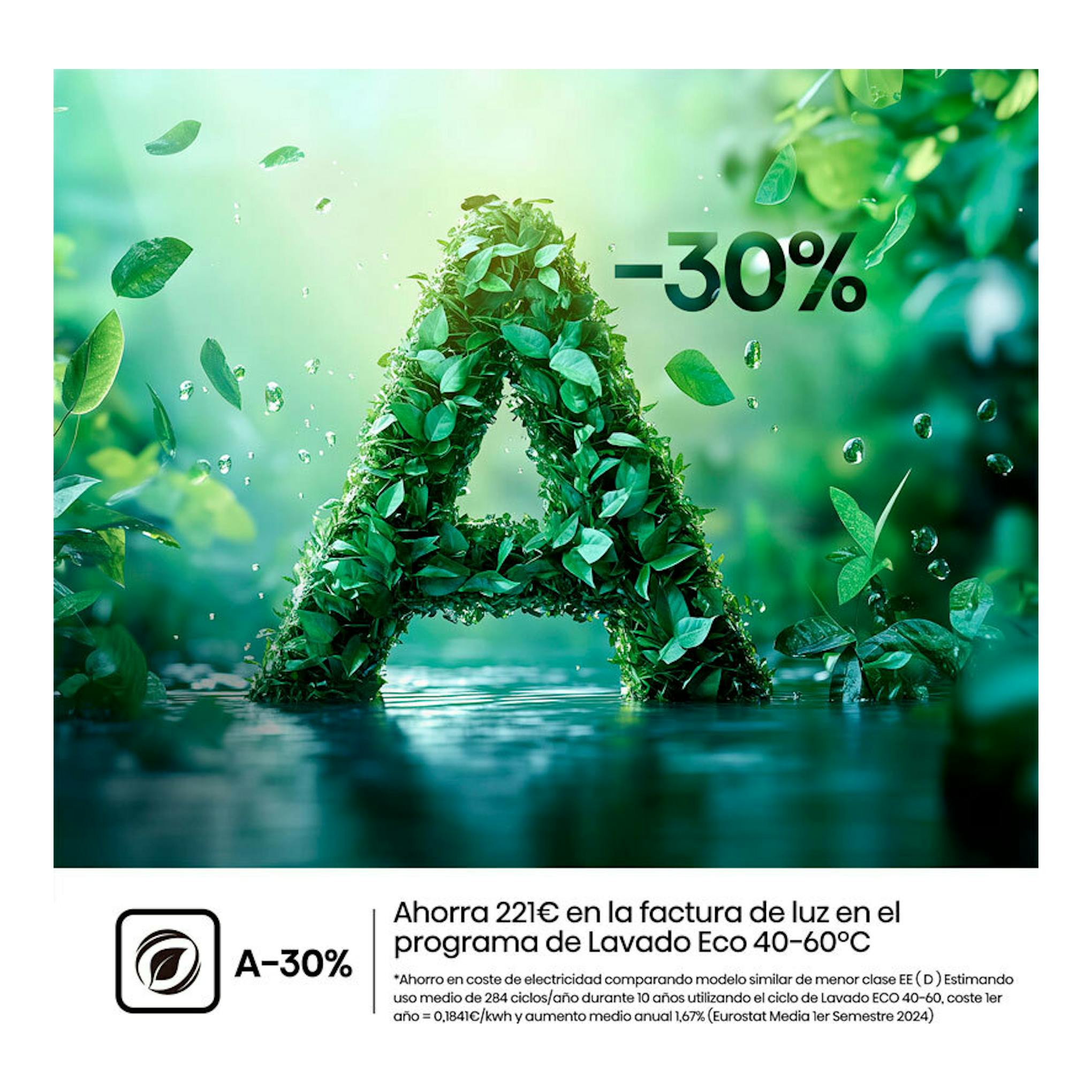 Banner promocional de lavadora Hisense WF5i8043BWF, con letra A de hojas y texto “A-30%”.