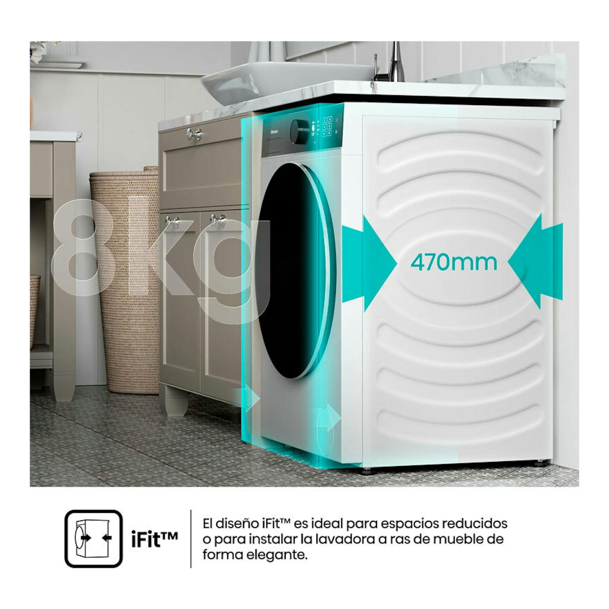 Lavadora Hisense WF5i8043BWF blanca, vista en ángulo lateral, integrada bajo encimera en un baño/lavadero.