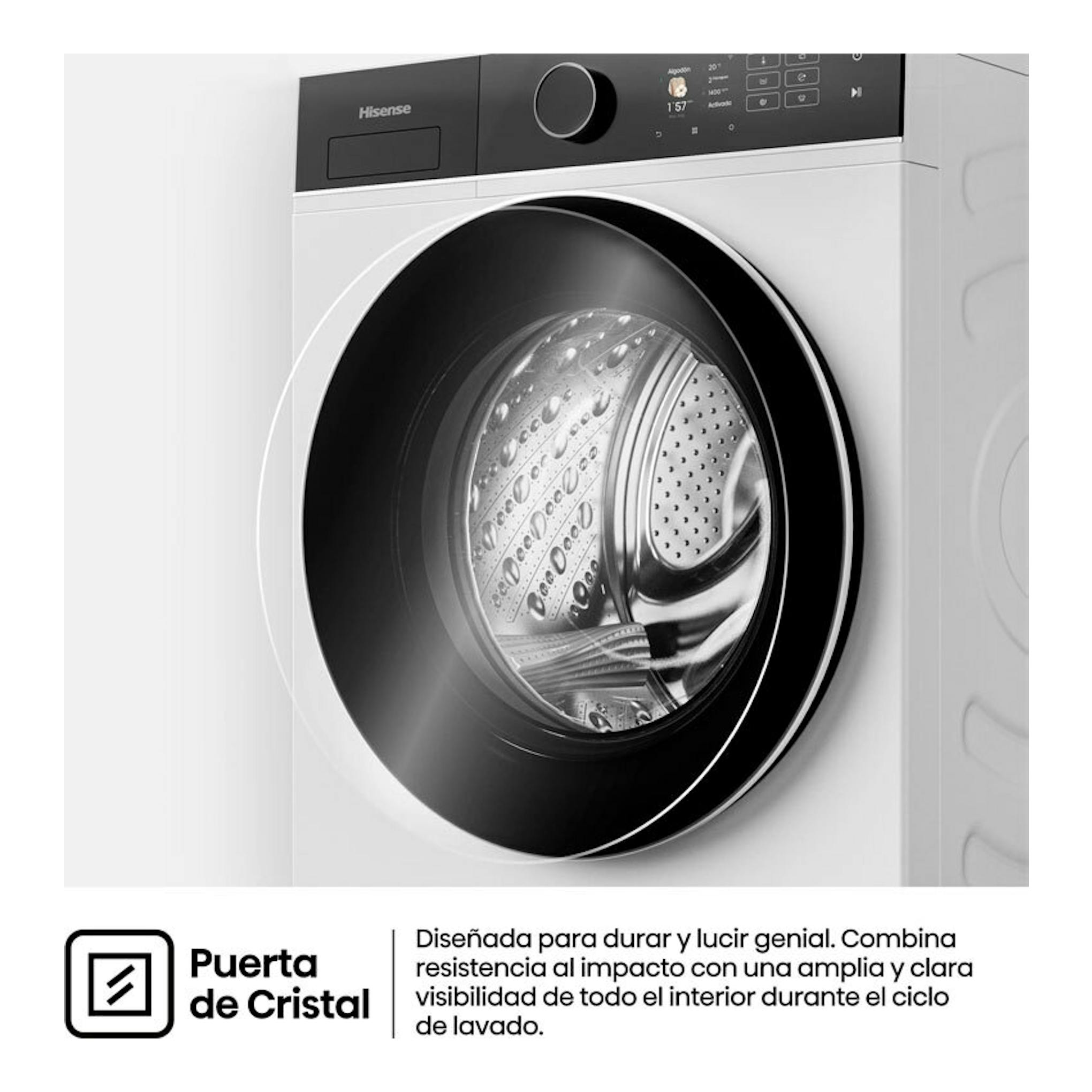 Lavadora Hisense WF5i8043BWF blanca, vista frontal con puerta de cristal negra y panel superior negro.