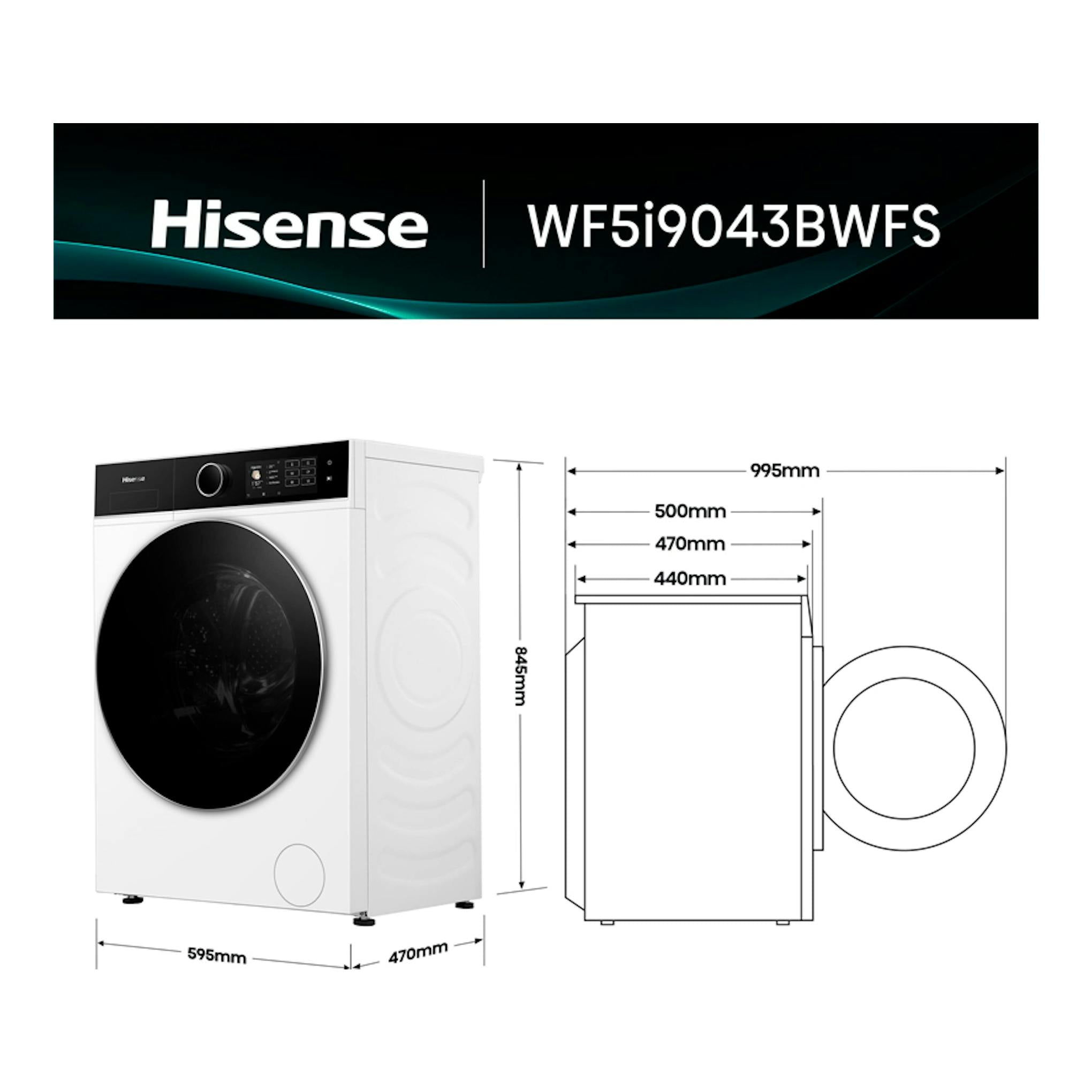 Lavadora Hisense WF5i9043BWFS blanca, vista frontal y lateral, con puerta negra circular y medidas.