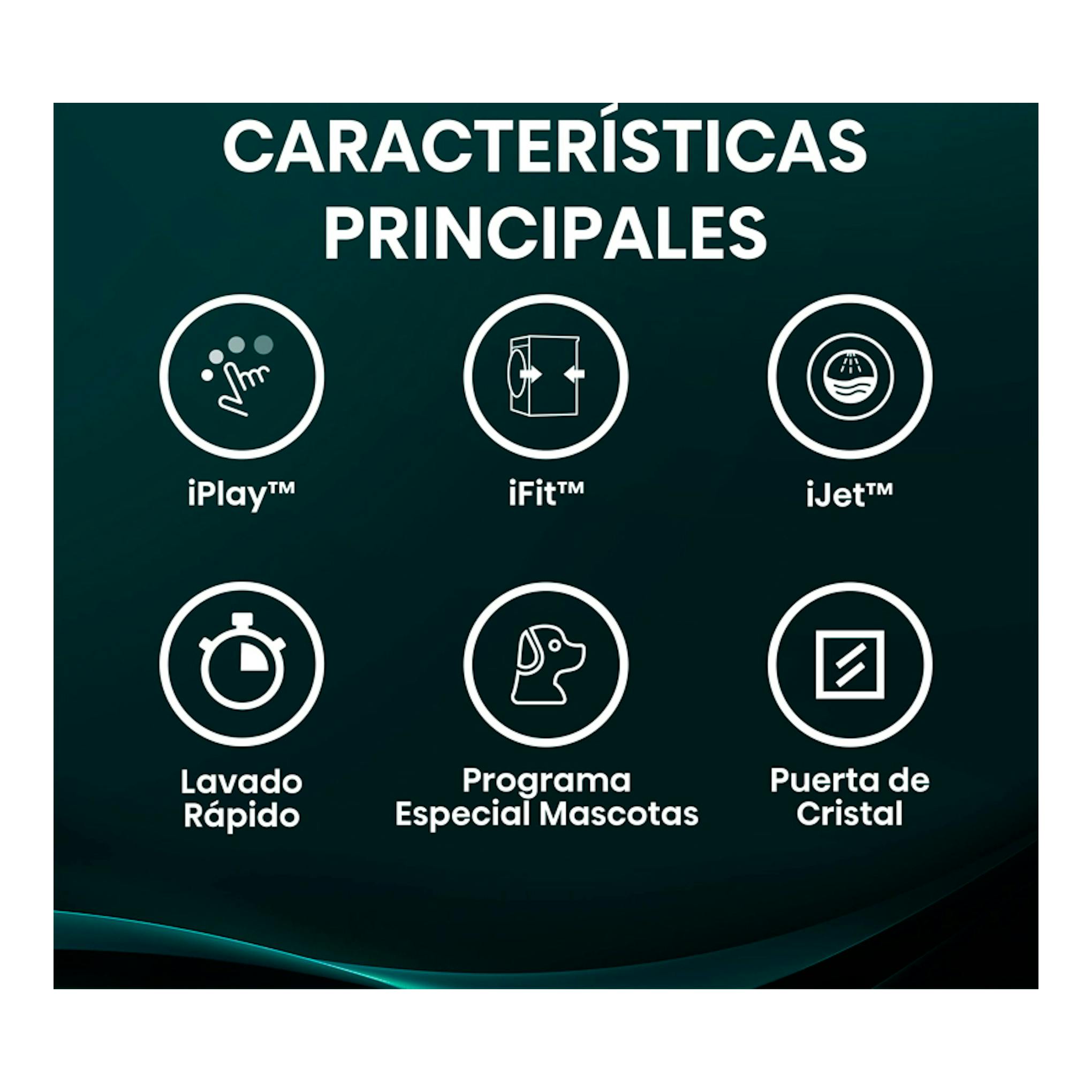 Gráfico de características de lavadora Hisense WF5i9043BWFS, fondo verde oscuro con seis iconos.