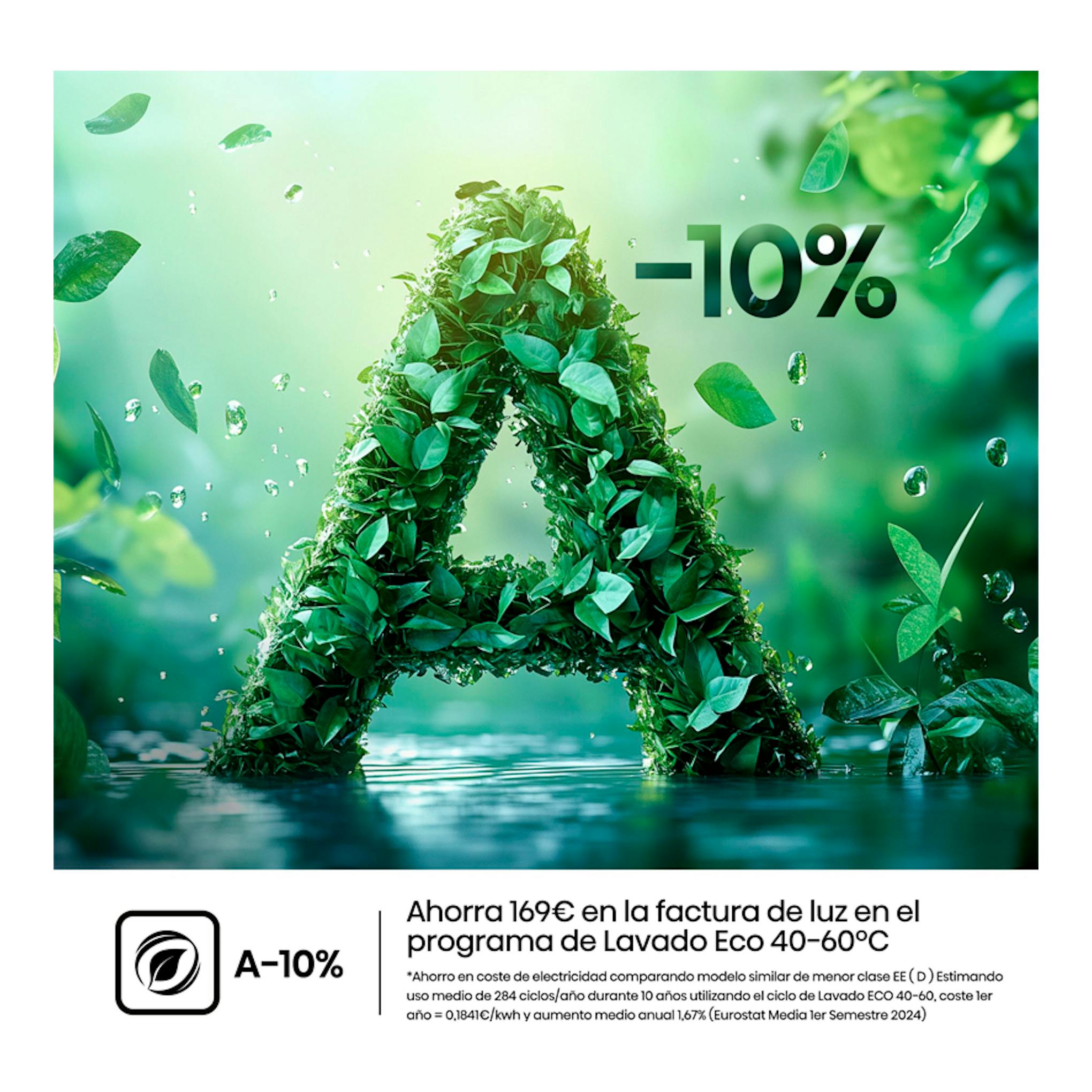 Lavadora Hisense WF5i9043BWFS 9Kg, gráfico con una A verde formada por hojas, -10% y texto sobre lavado Eco 40-60°C.