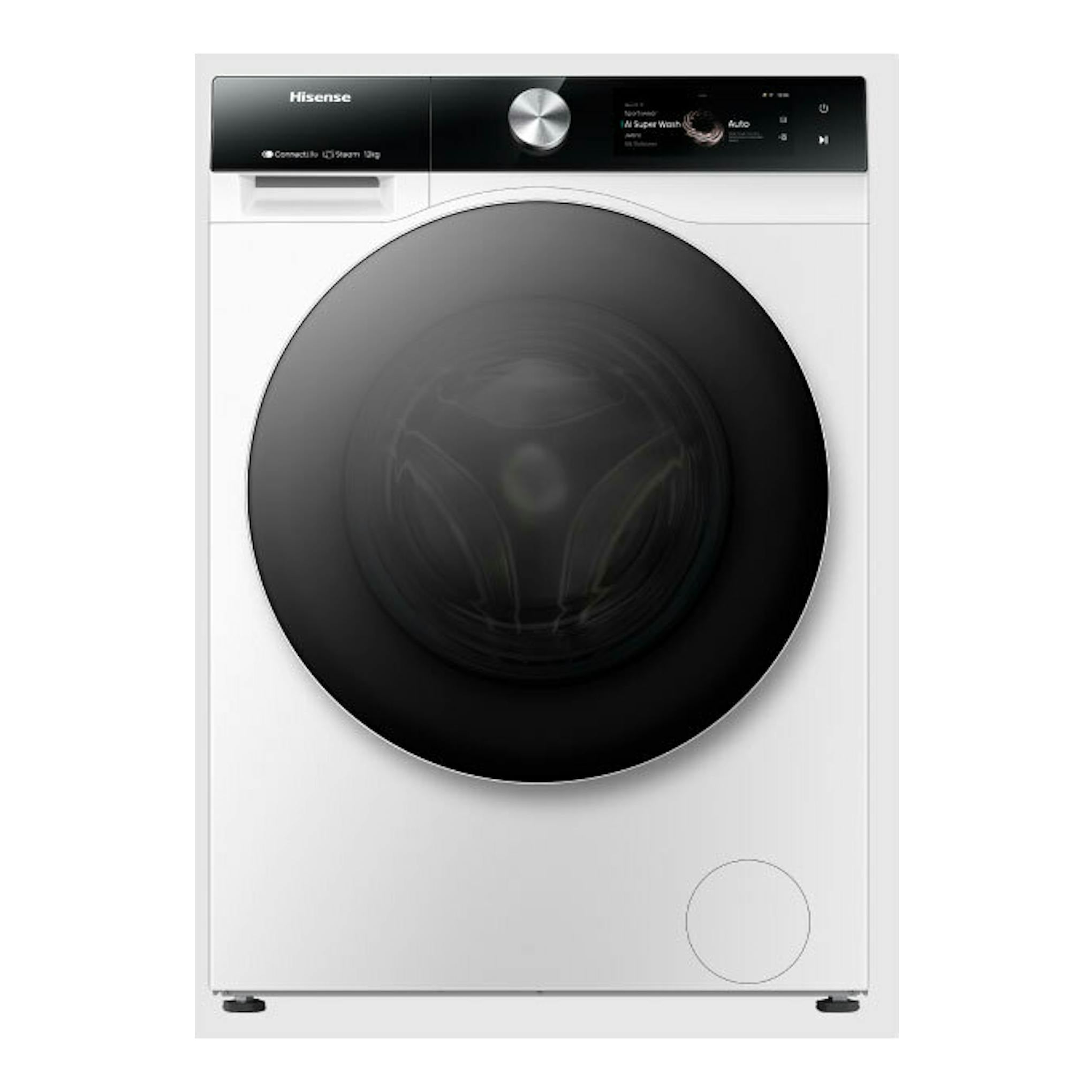 Lavadora Hisense WF7S1247BW blanca, vista frontal, con puerta circular negra y panel superior negro.