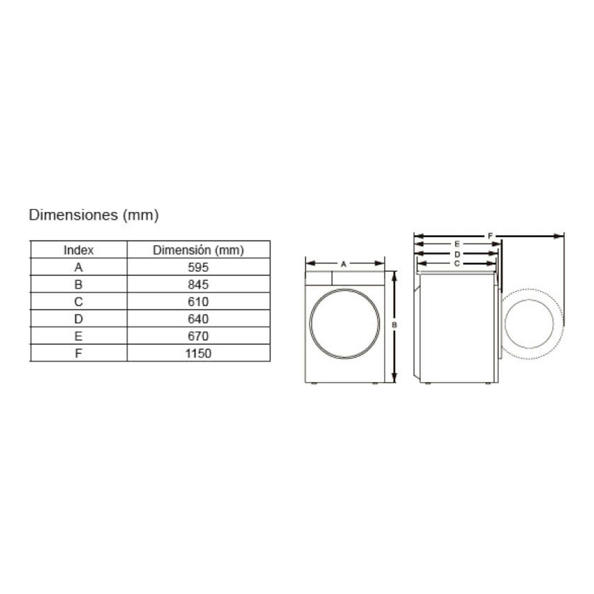 Hisense WF7S1247BW: esquema técnico de lavadora blanca con tabla de dimensiones y vistas frontal y lateral.