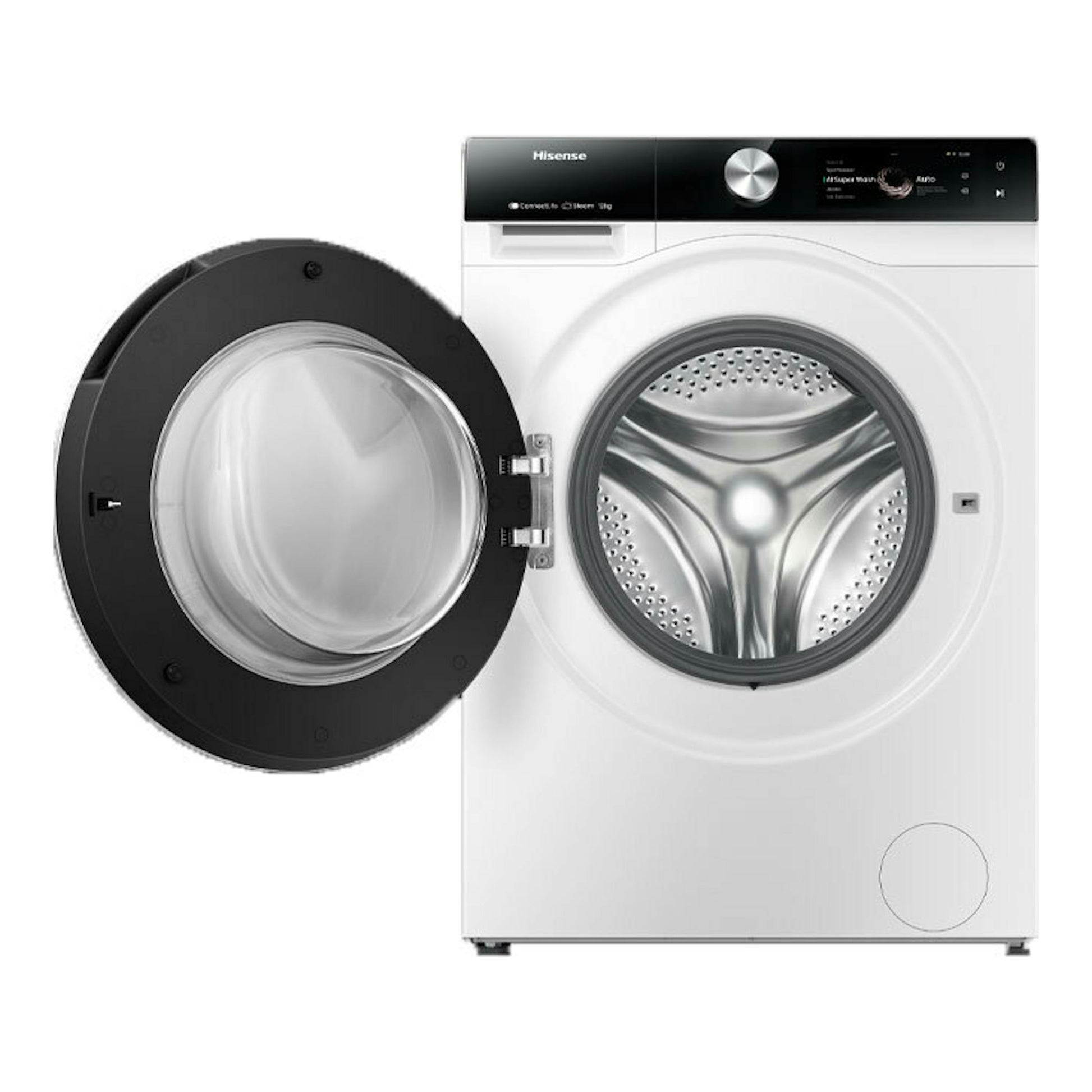Lavadora Hisense WF7S1247BW blanca, de carga frontal, con puerta abierta y panel superior negro.