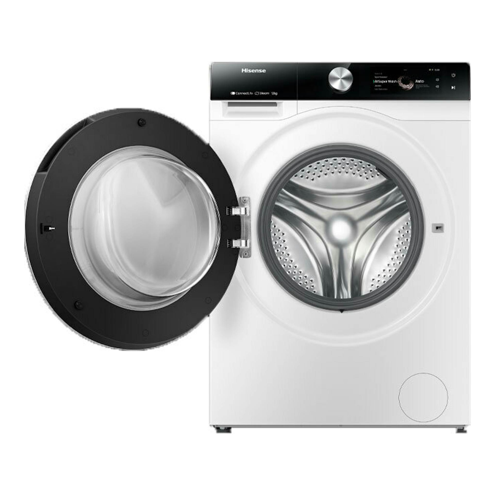 Lavadora Hisense WF7S1247BW blanca, de carga frontal, con puerta abierta y panel superior negro.