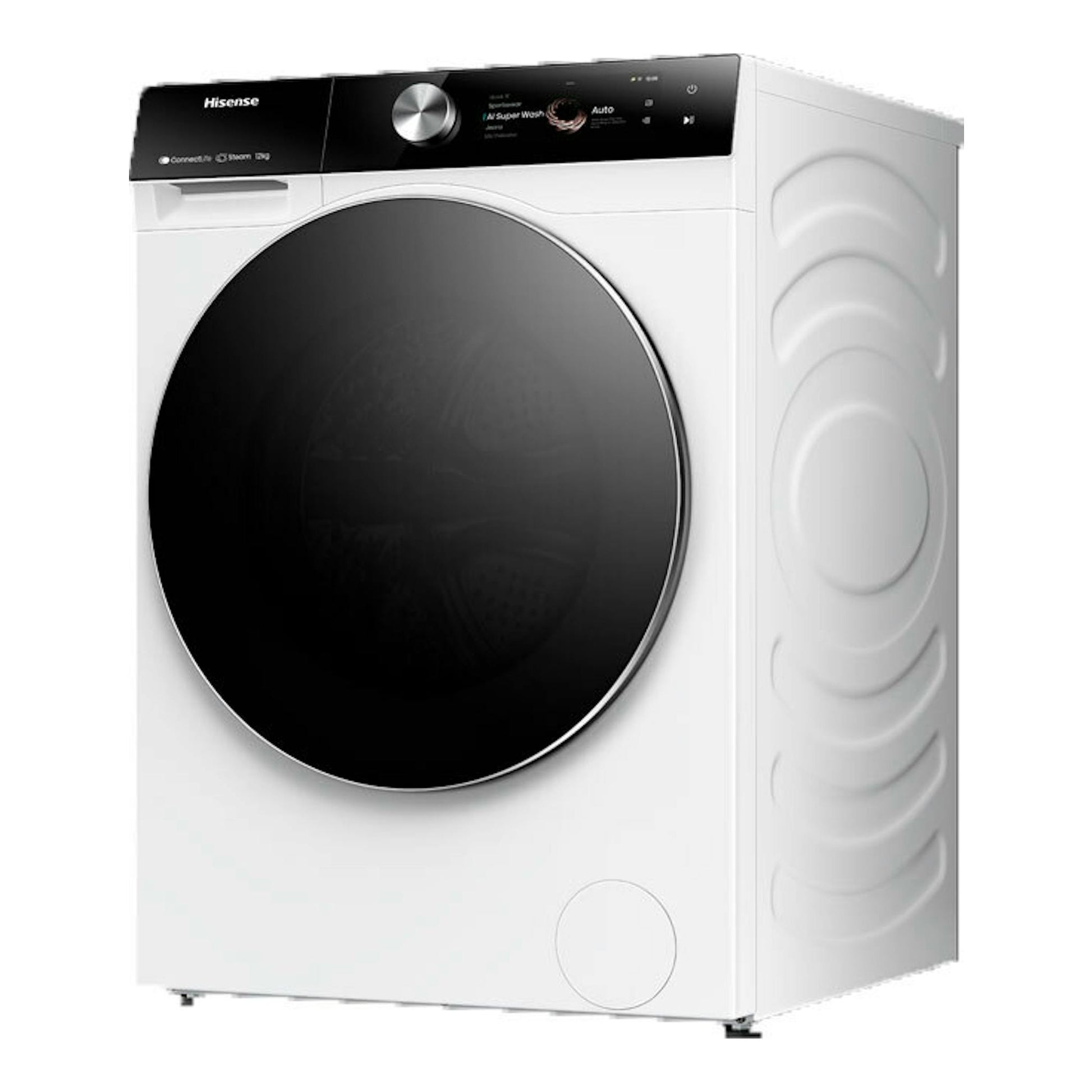 Lavadora Hisense WF7S1247BW de 12 kg, blanca, vista frontal en ángulo con puerta negra circular.