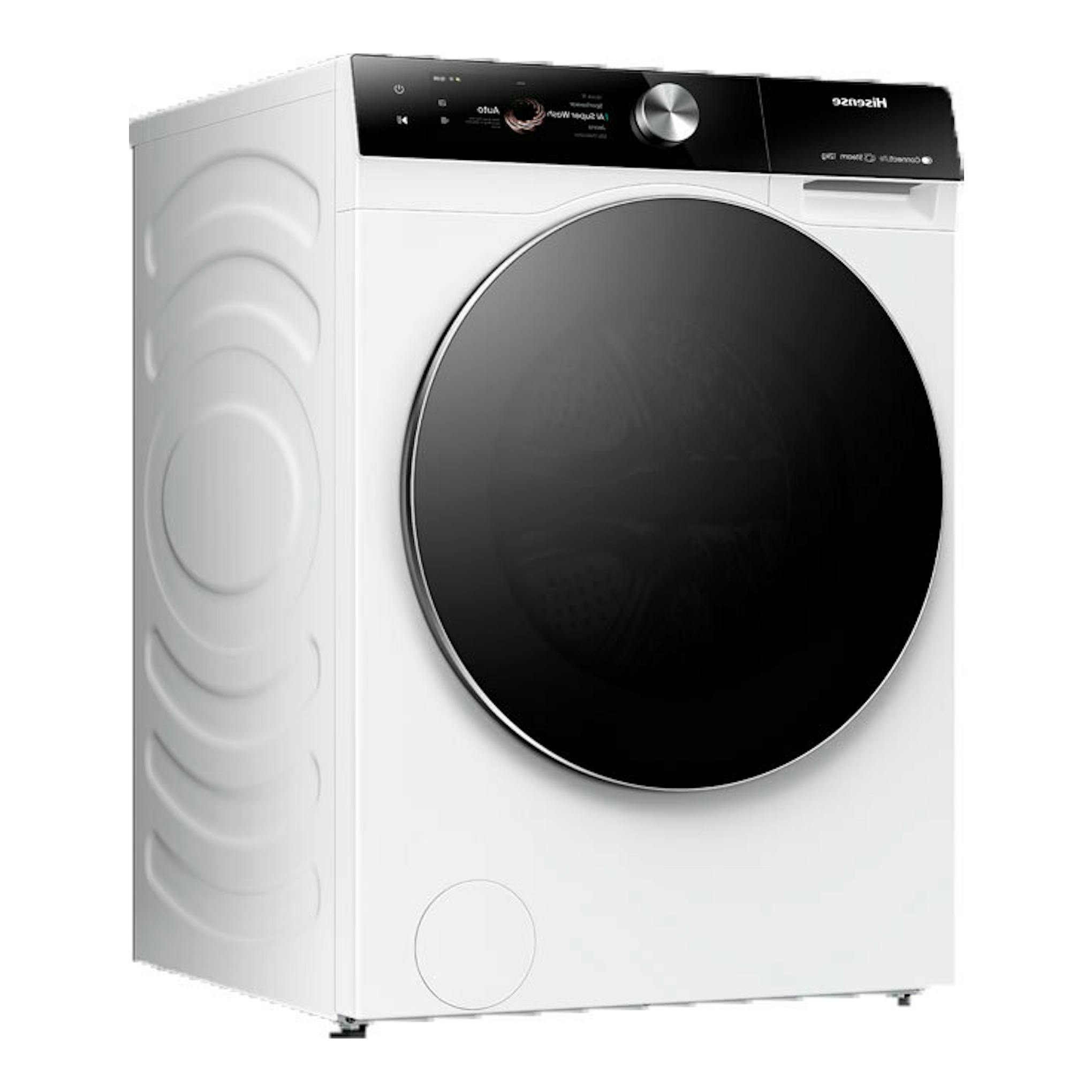 Lavadora Hisense WF7S1247BW blanca, vista frontal, con puerta redonda negra y panel superior negro.