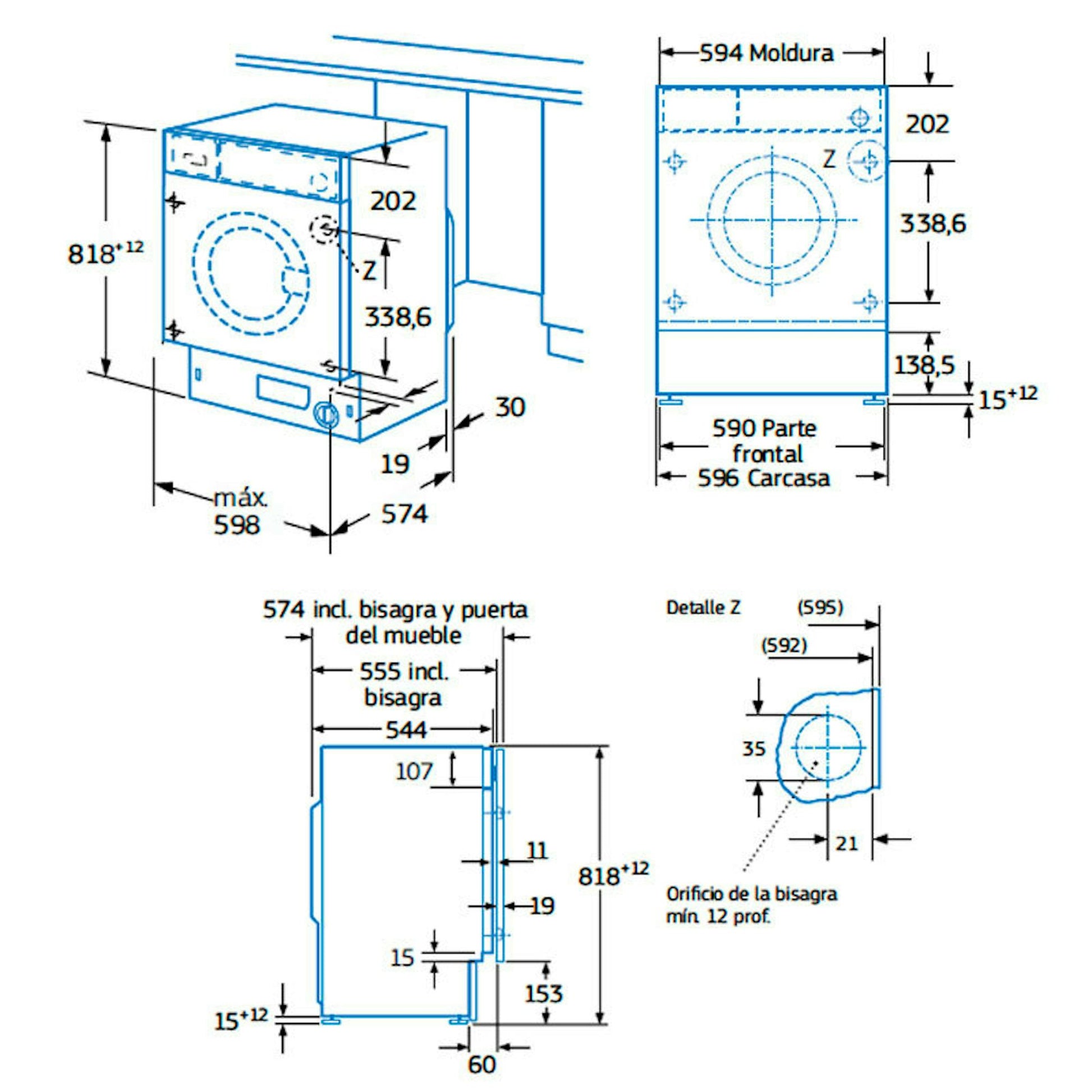 Plano técnico de la lavadora integrable Balay 3TI983B 8Kg con medidas y esquema de instalación