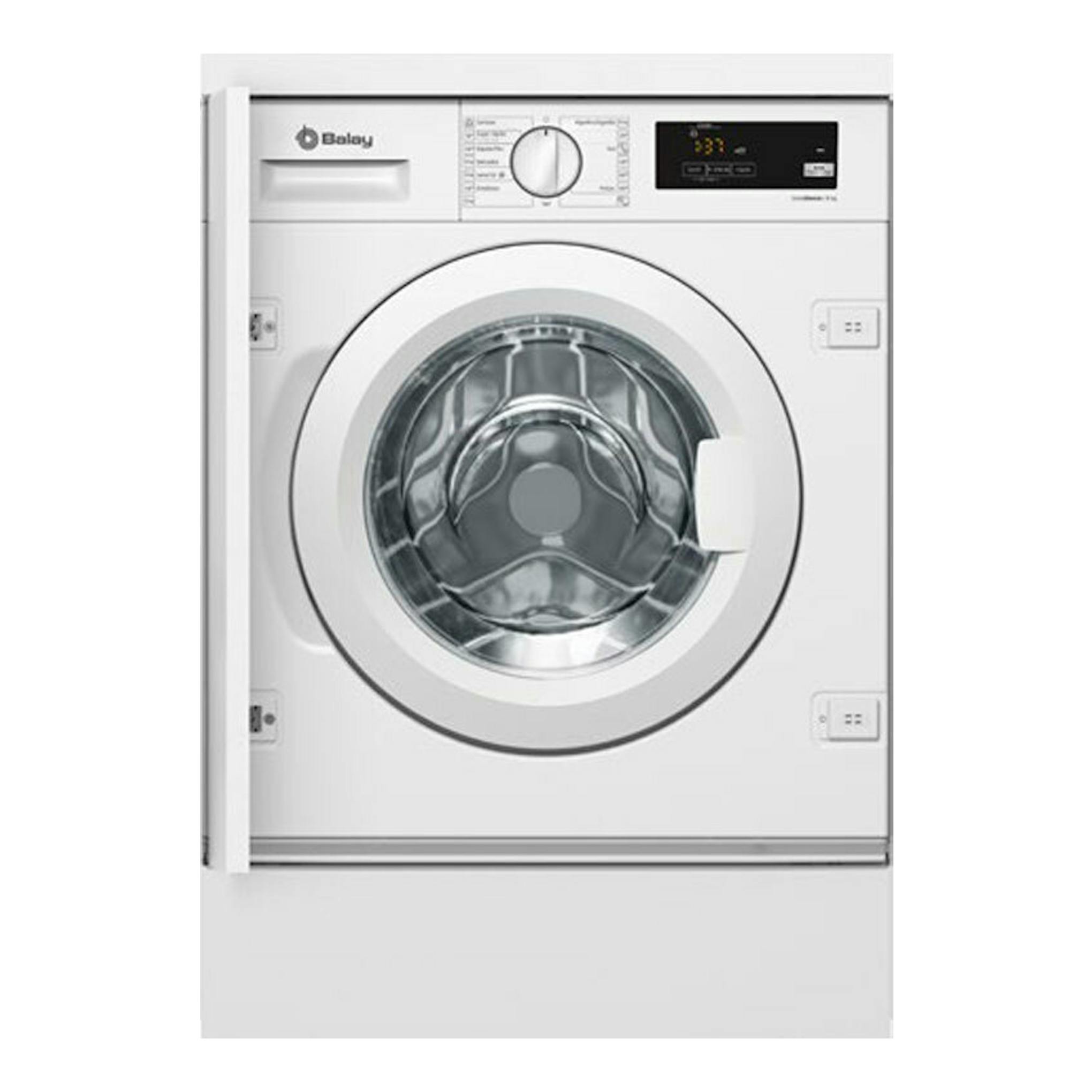 Lavadora integrable Balay 3TI987B blanca, vista frontal, con puerta circular y panel de control superior.