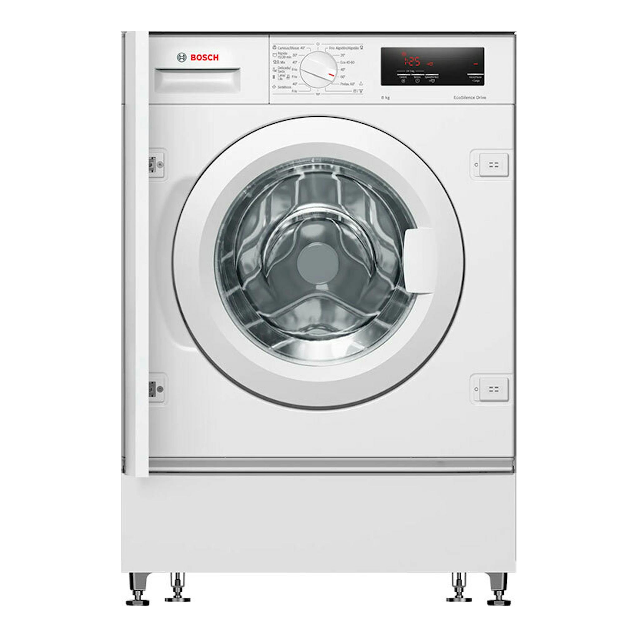 Lavadora integrable Bosch WIW24307ES blanca, vista frontal, con puerta circular y panel superior.