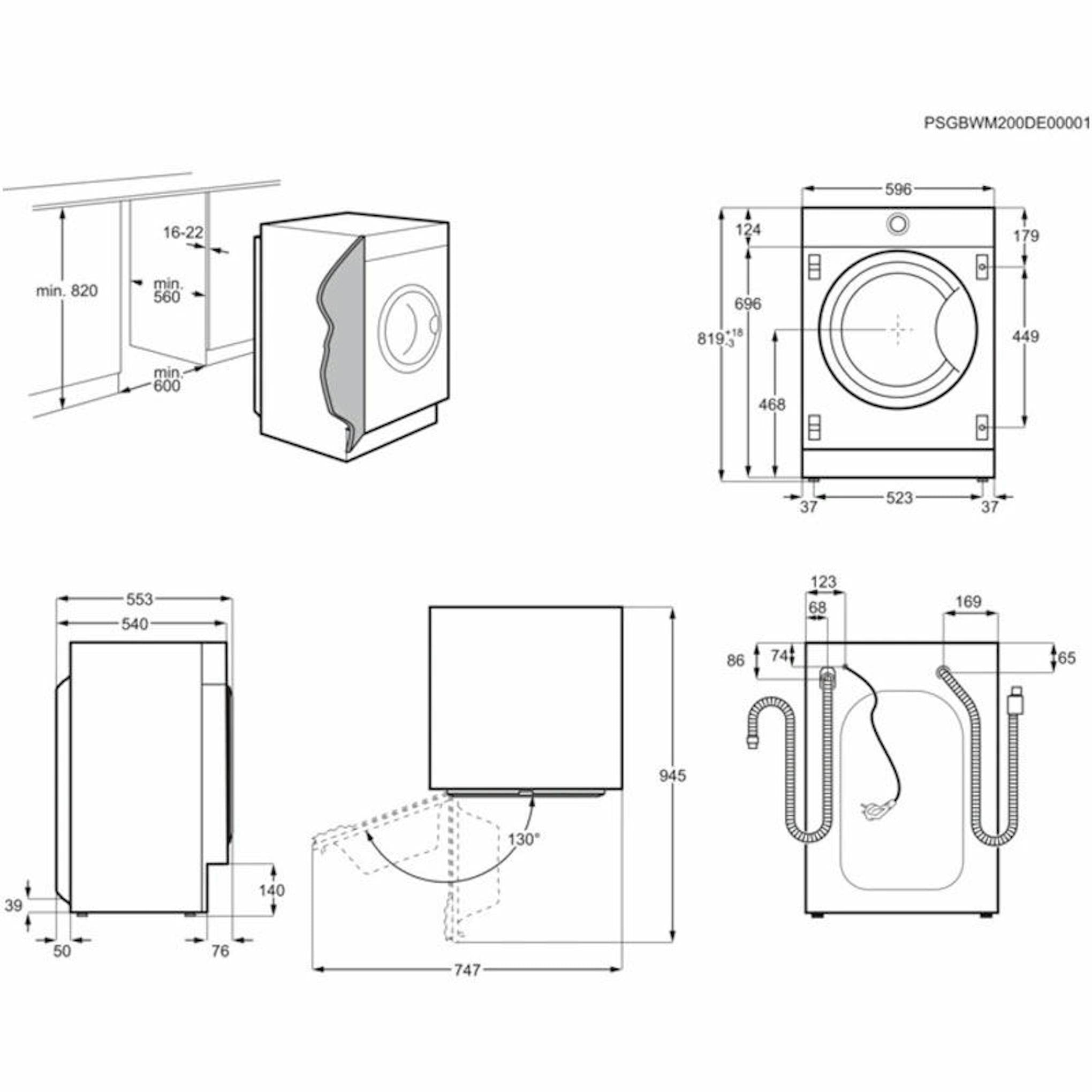 Electrolux EN7F4722AN lavadora integrable 7Kg, esquema técnico con medidas y vistas del producto