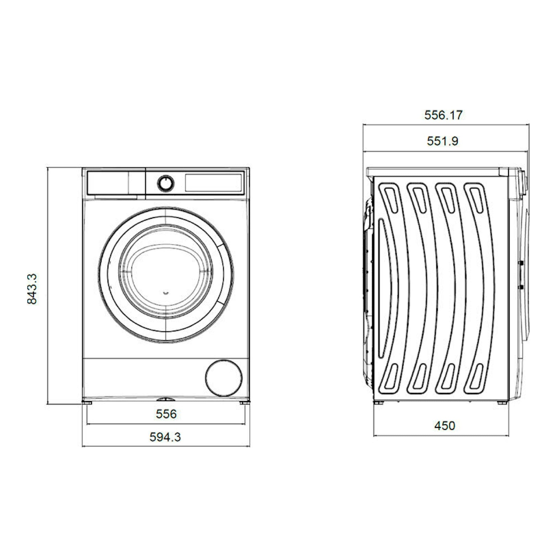 Lavadora integrable Exquisit WMI8120-E-070D, vista frontal y lateral en plano técnico con medidas.