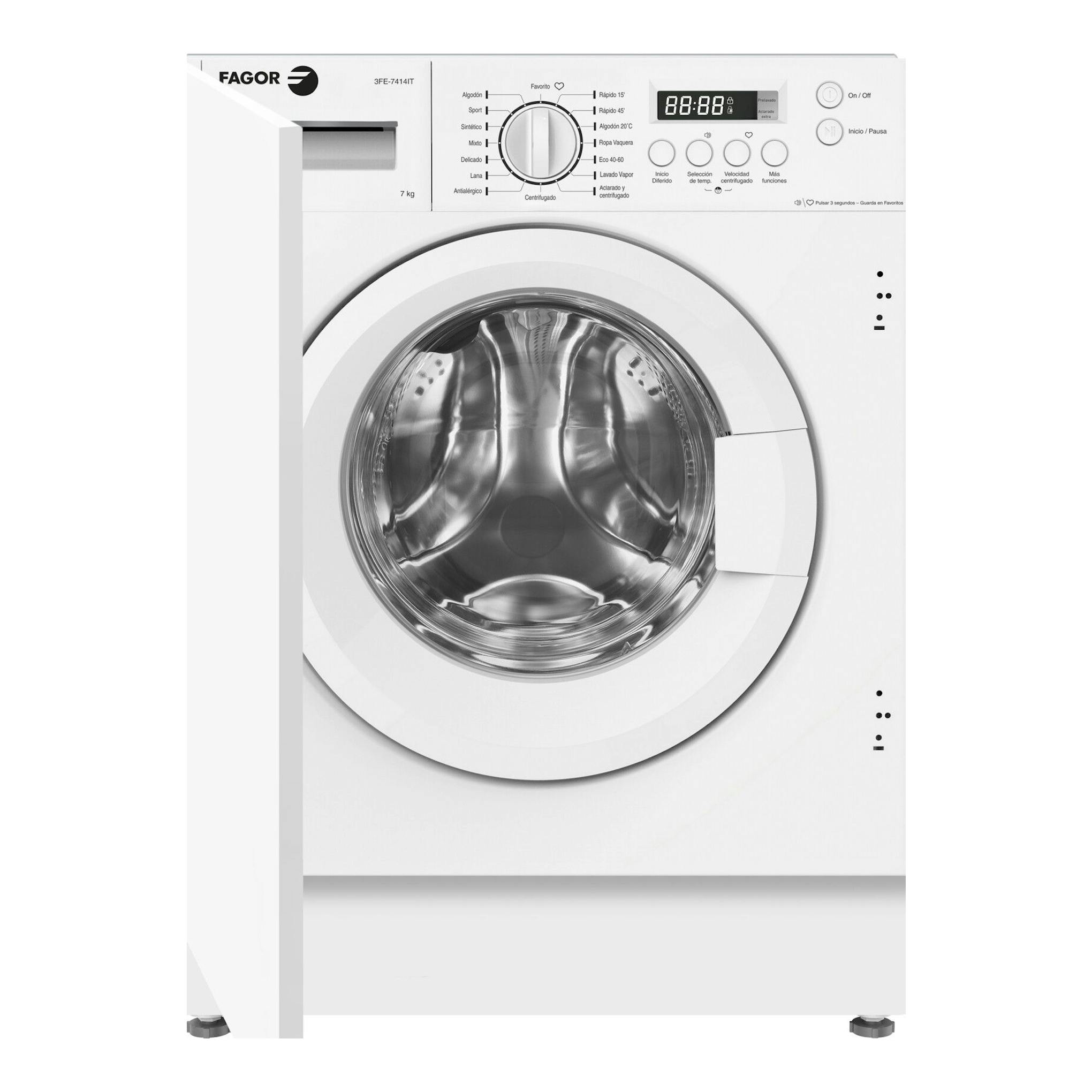 Lavadora integrable blanca Fagor 3FE-7414IT, vista frontal con puerta circular y panel digital.