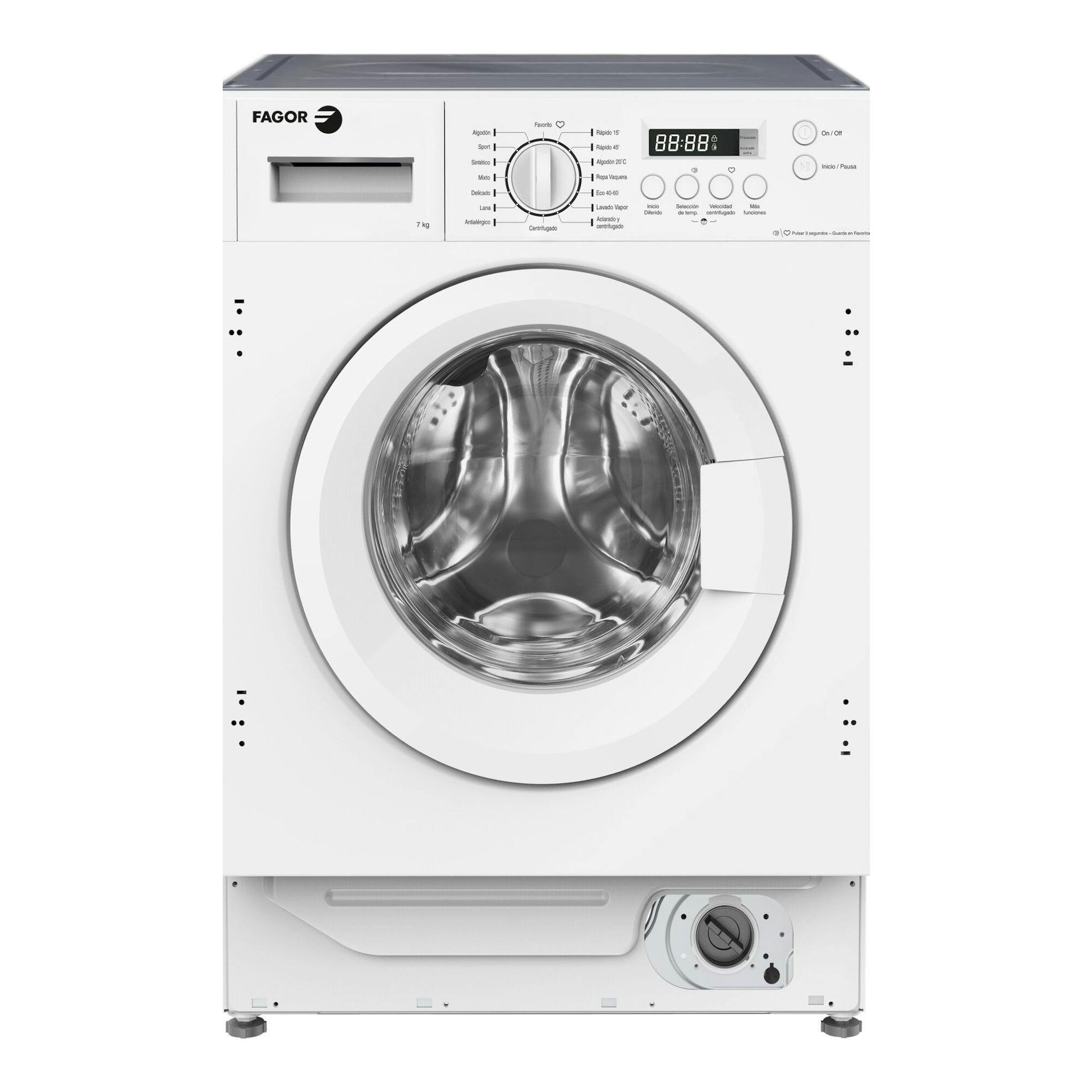 Lavadora integrable Fagor 3FE-7514IT blanca, vista frontal, con puerta circular y panel de control superior.