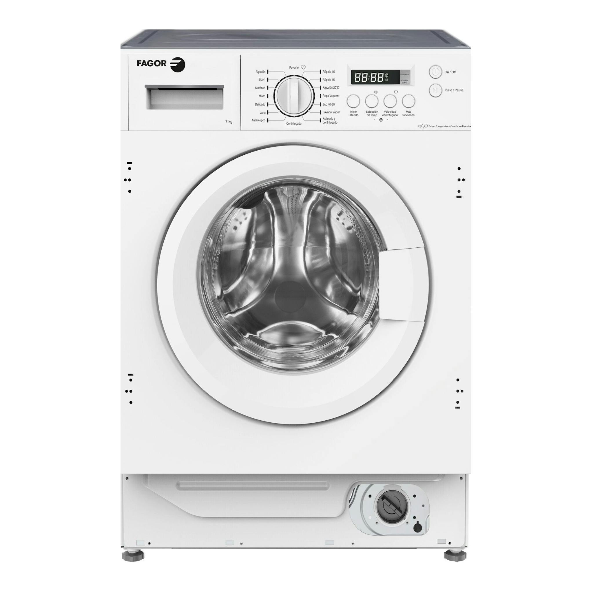 Lavadora integrable Fagor 3FE-7514IT blanca, vista frontal, con puerta circular y panel de control superior.