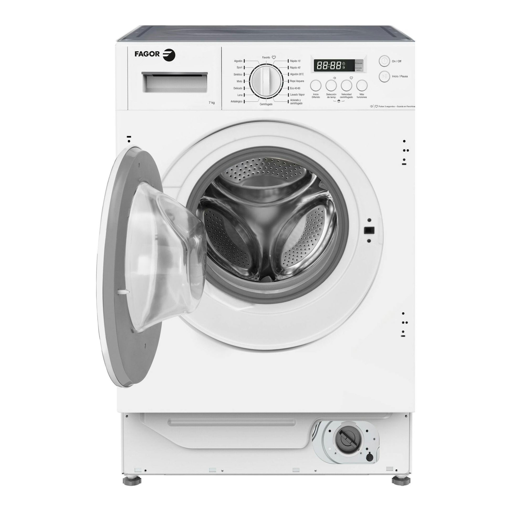 Lavadora integrable Fagor 3FE-7514IT blanca, vista frontal, con puerta abierta y panel de control visible.