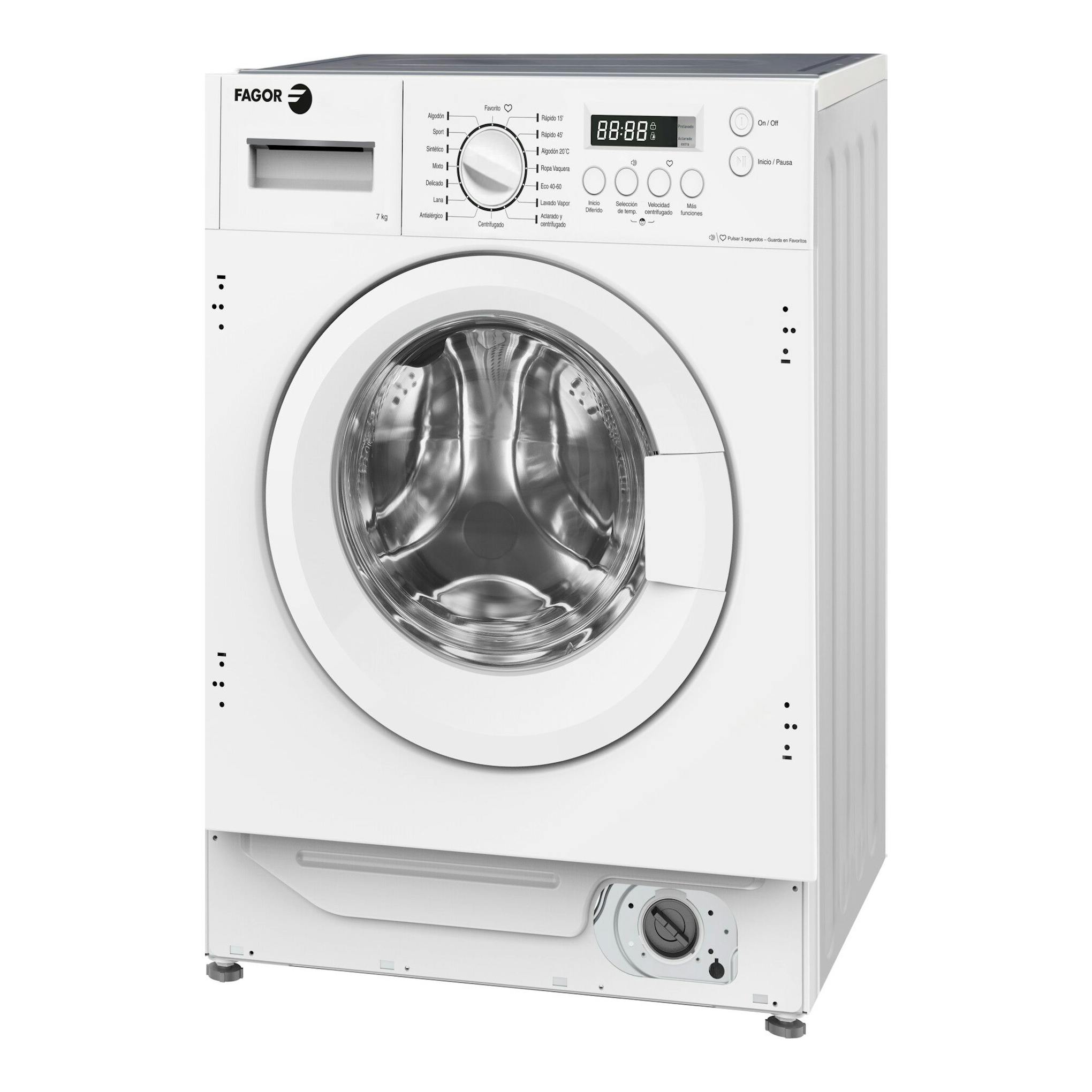 Lavadora integrable Fagor 3FE-7514IT blanca, vista frontal, con puerta circular y panel digital superior.