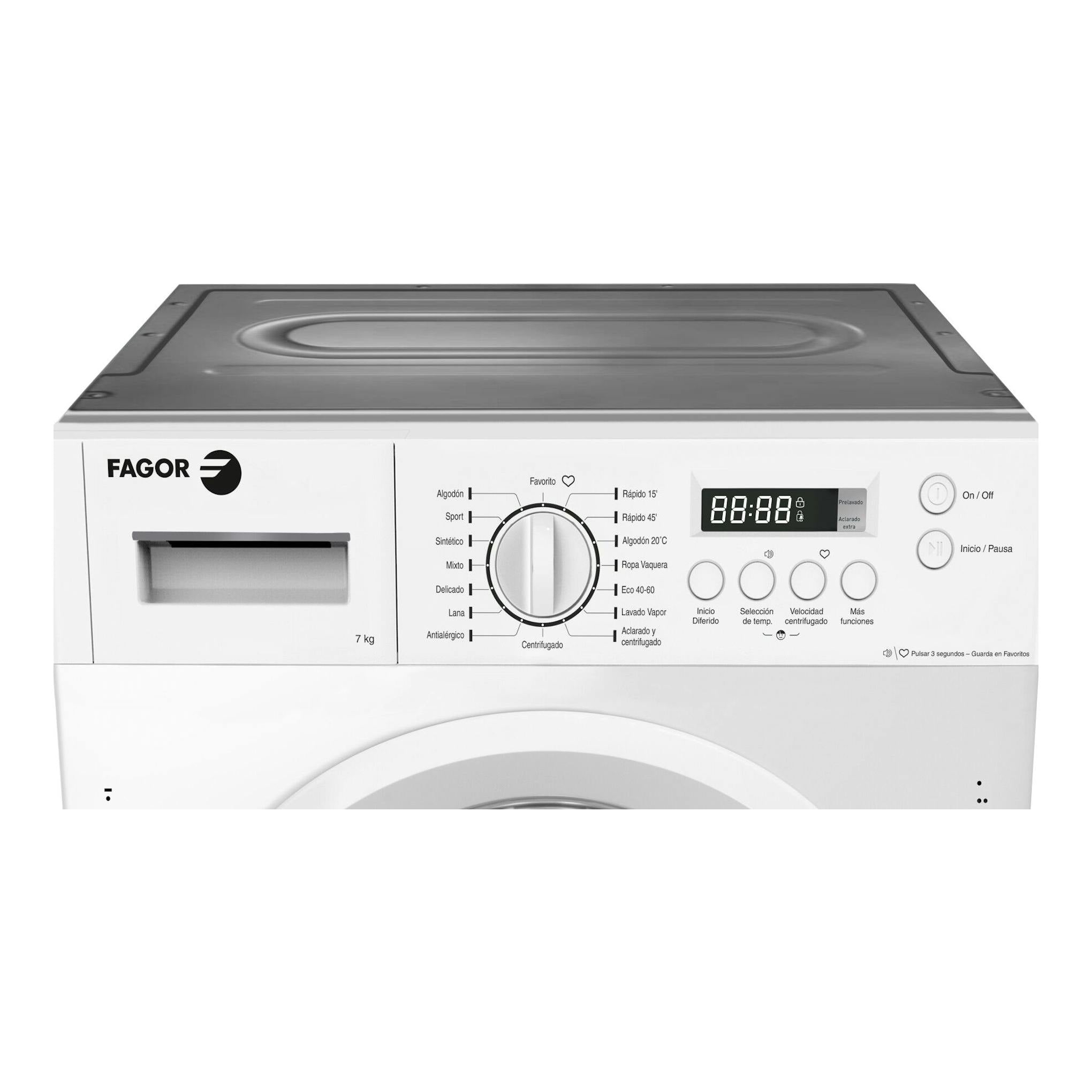 Lavadora integrable Fagor 3FE-7514IT blanca, vista frontal con panel de control y selector central.