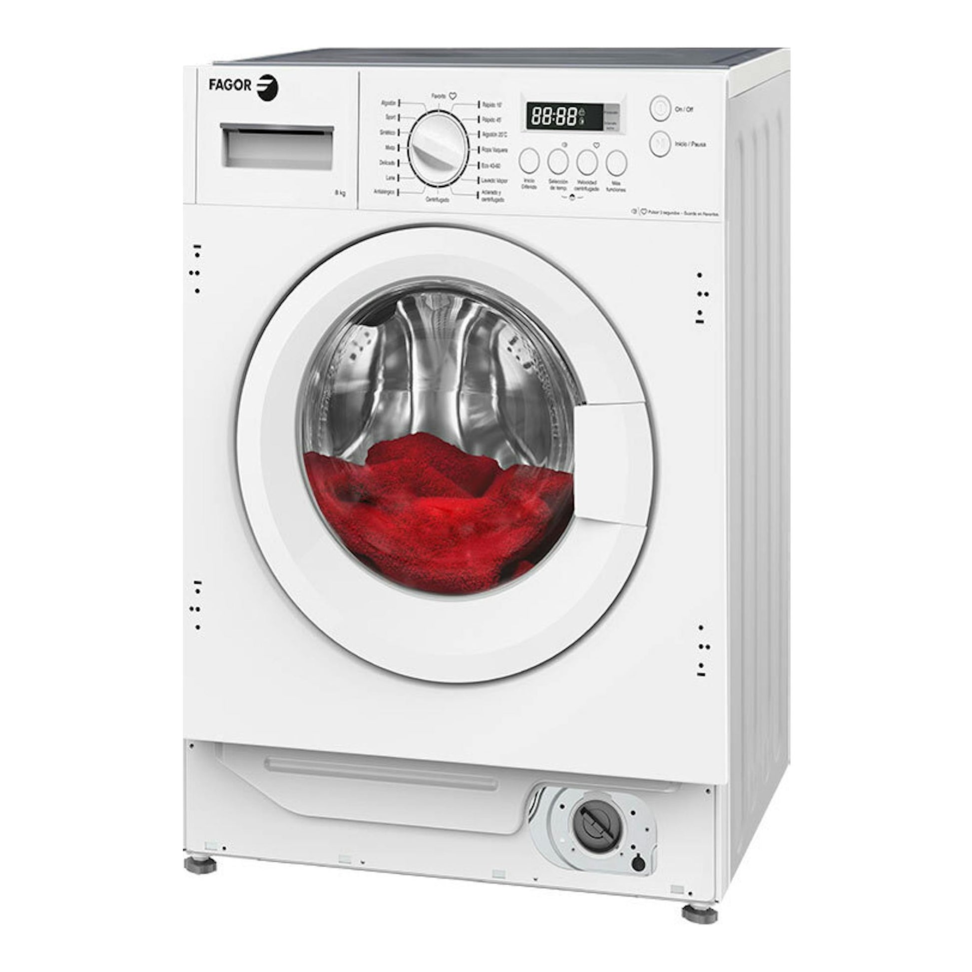 Lavadora integrable Fagor 3FE-8514IT blanca, vista frontal, con ropa roja en el tambor y panel digital.