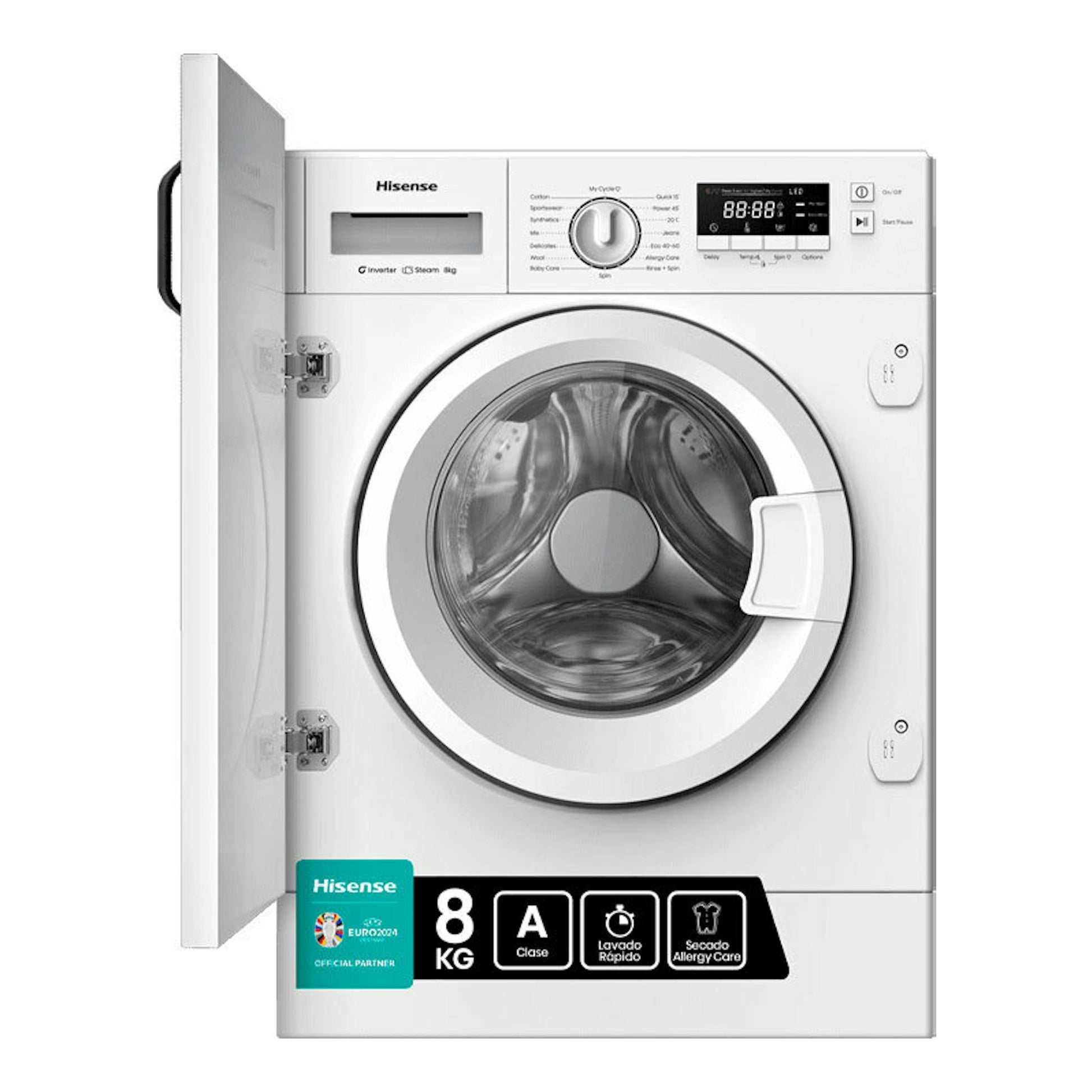 Lavadora integrable Hisense WF3M841BWIES blanca, vista frontal con puerta abierta y tambor visible.