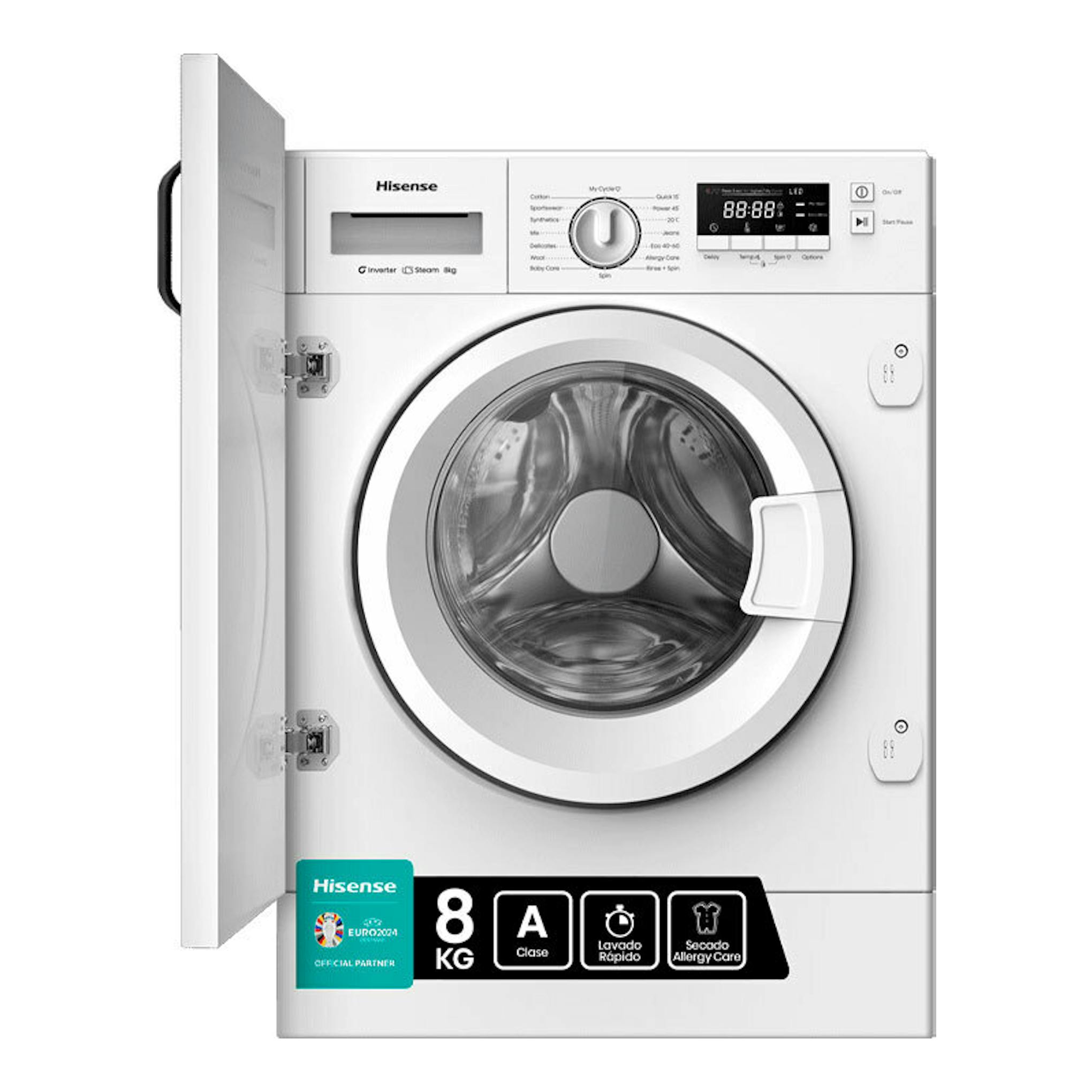 Lavadora integrable Hisense WF3M841BWIES blanca, vista frontal con puerta abierta y tambor visible.