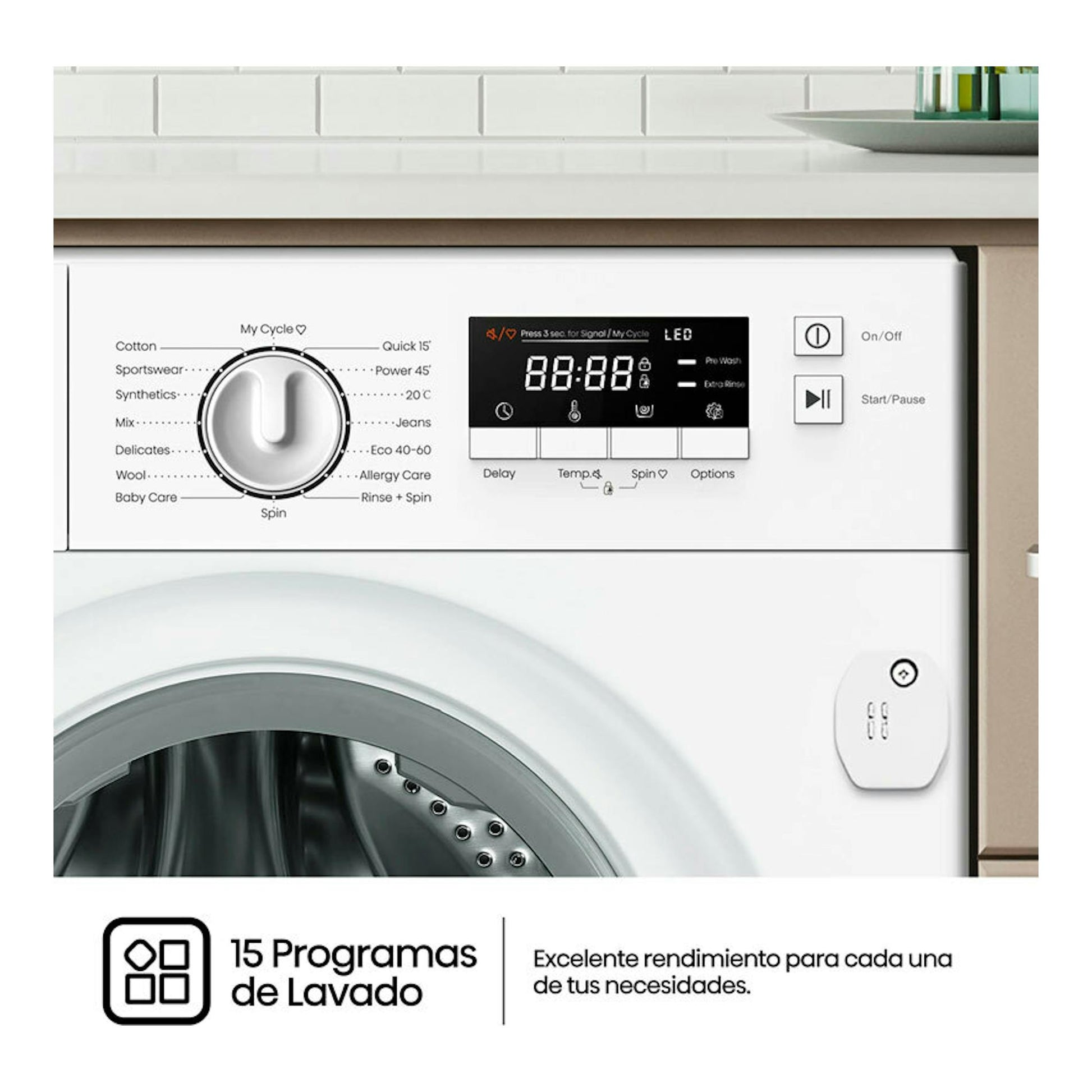 Lavadora integrable Hisense WF3M841BWIES blanca, vista frontal con panel digital y selector de programas.