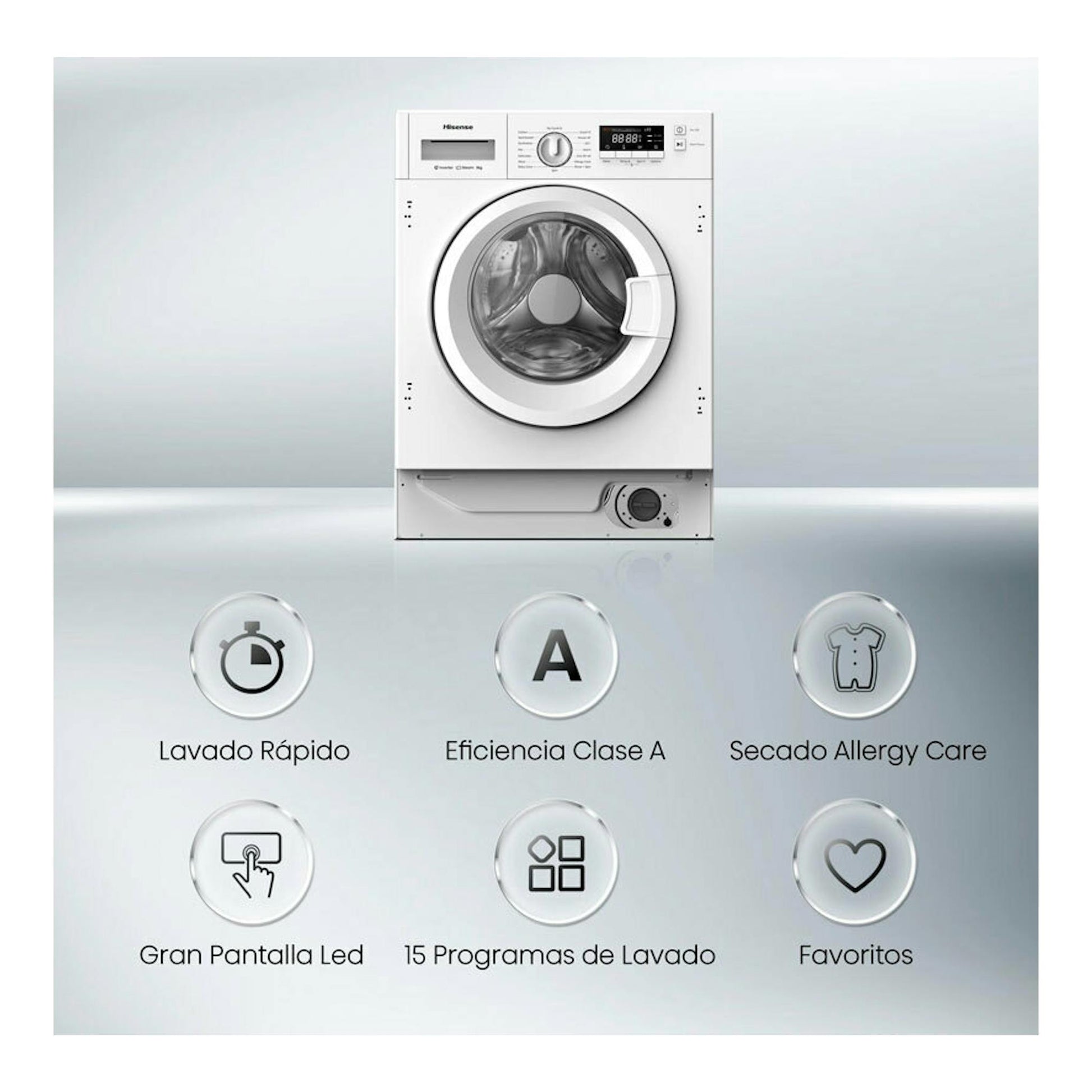 Lavadora integrable Hisense WF3M841BWIES blanca, vista frontal, con puerta circular y panel digital.