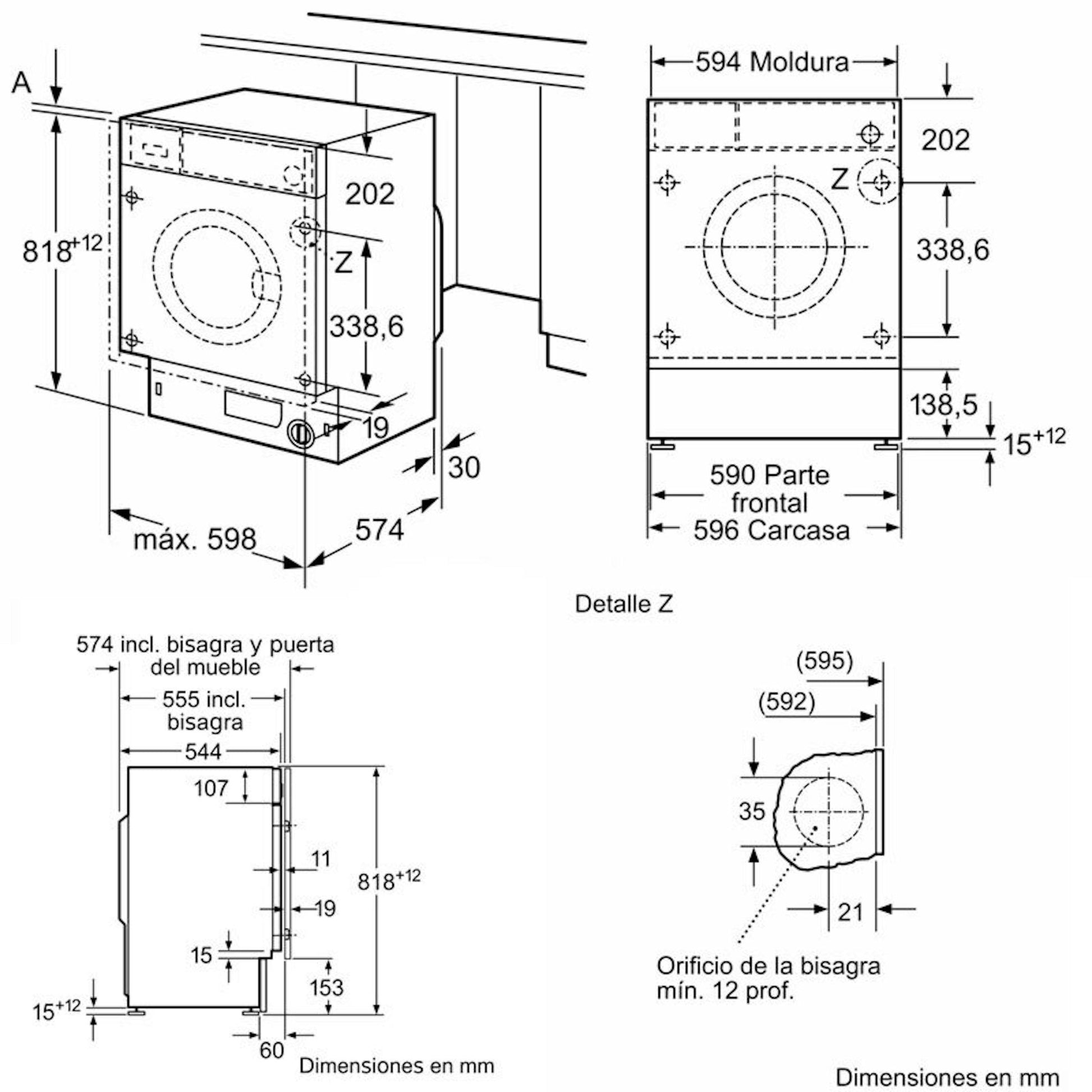 Diagrama de dimensiones de la lavadora integrable Siemens WI12W326ES 7Kg