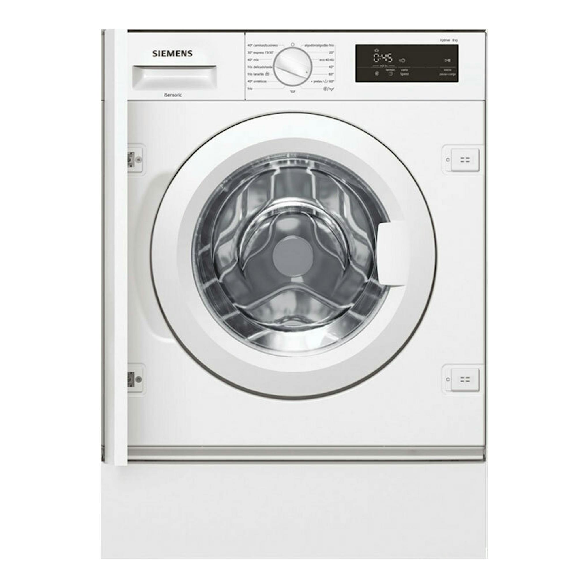 Lavadora integrable Siemens WI12W327ES blanca, frontal, con puerta circular y panel digital