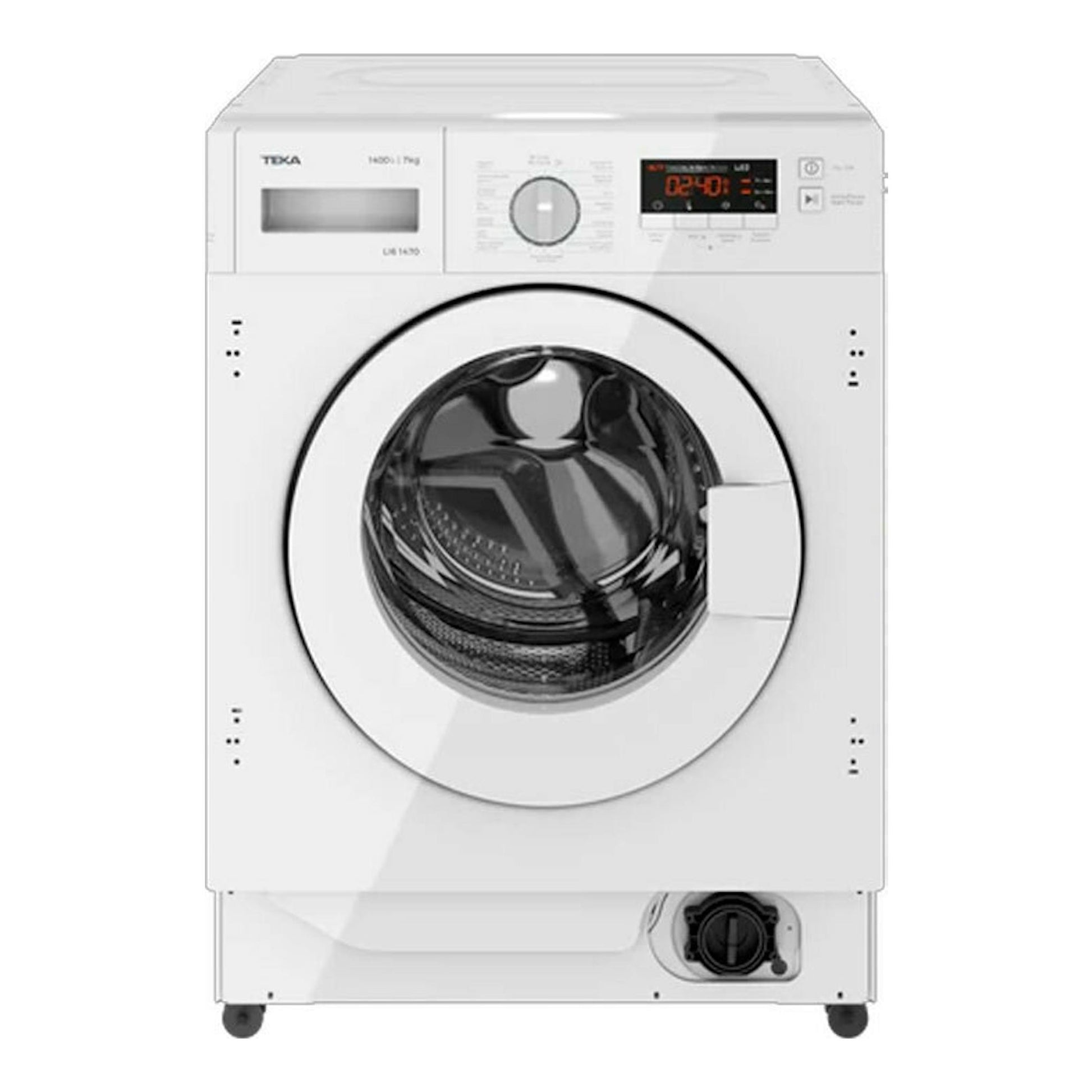 Lavadora integrable Teka LI61471 blanca, vista frontal, con puerta circular y panel digital.