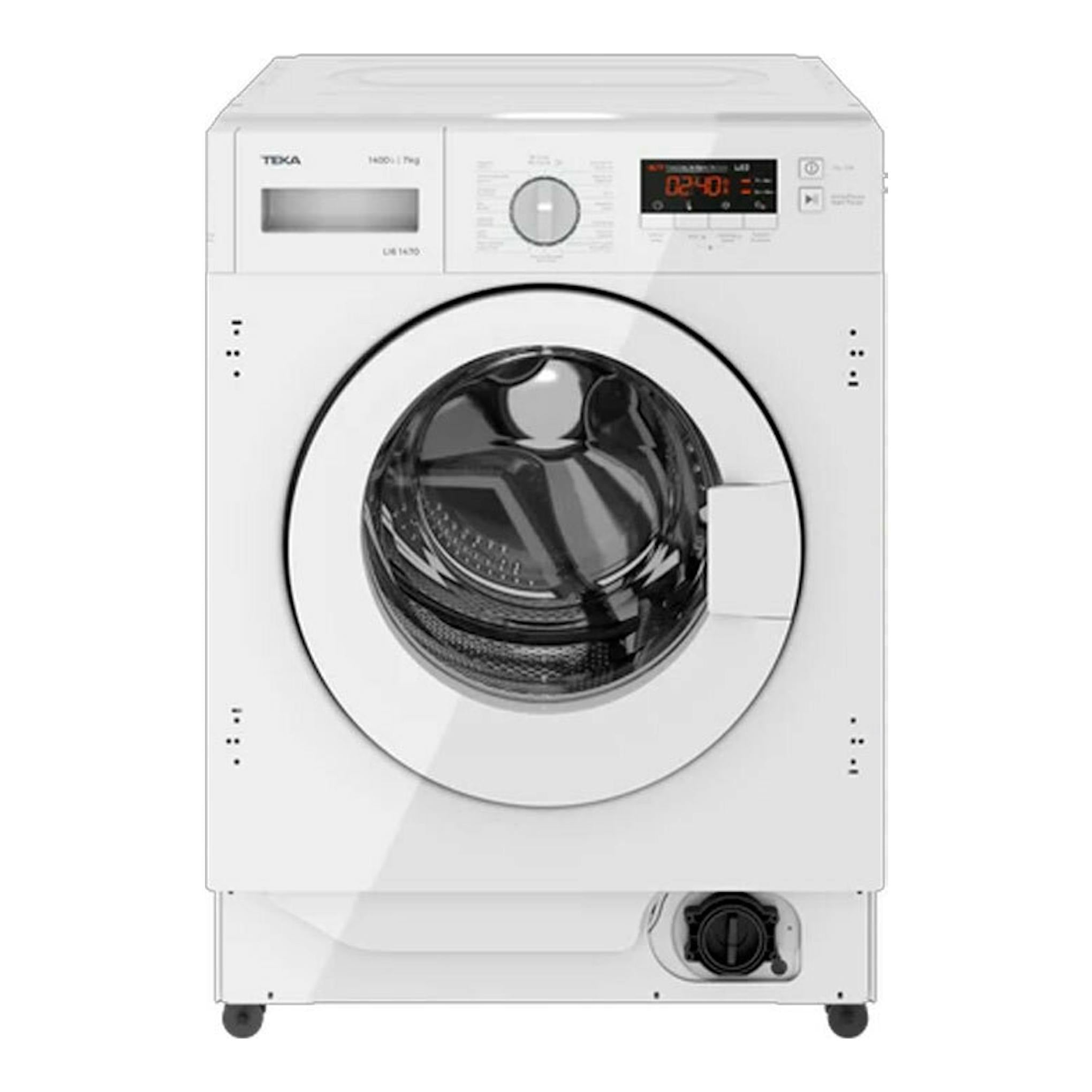 Lavadora integrable Teka LI61471 blanca, vista frontal, con puerta circular y panel digital.