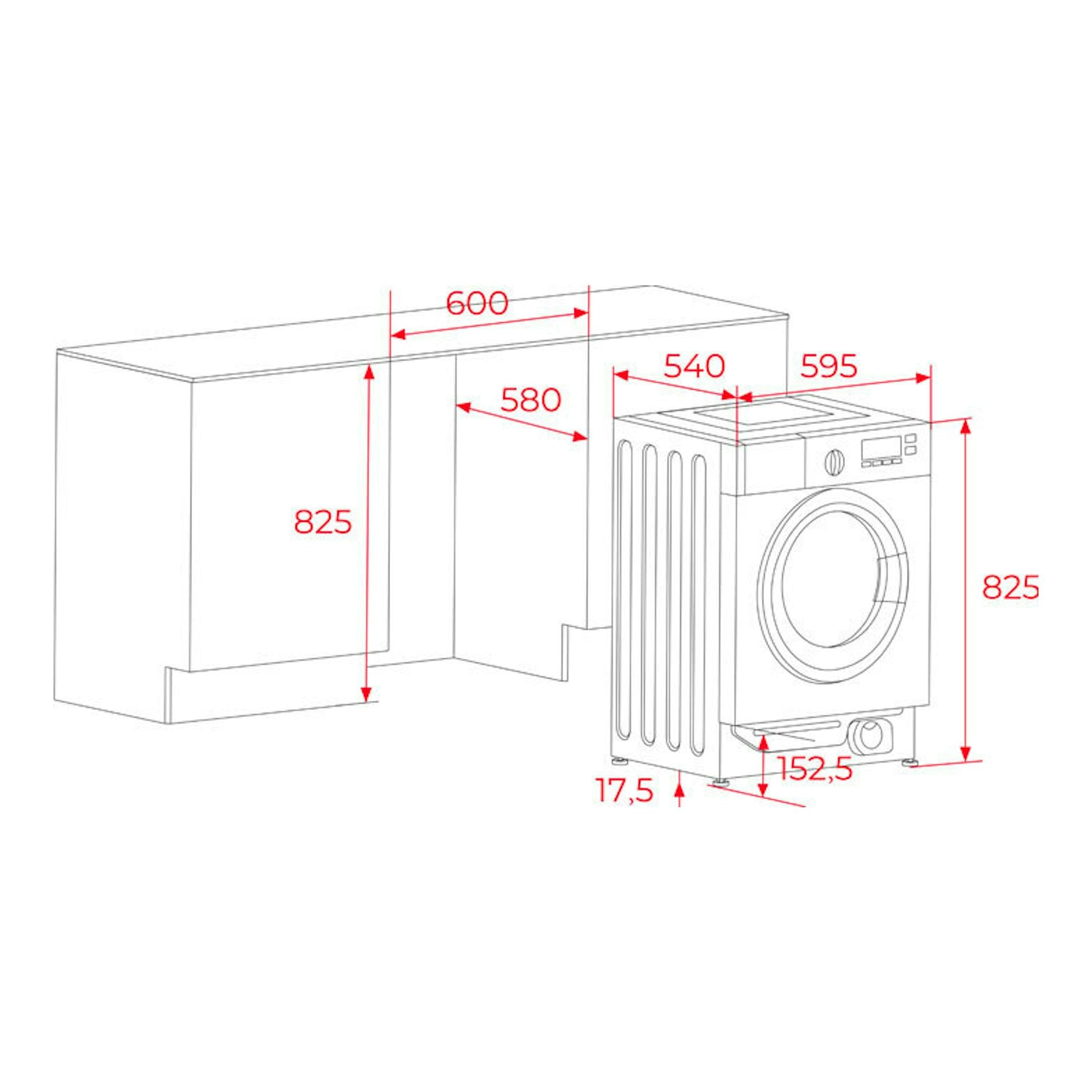 Lavadora integrable Teka LI61471, vista en perspectiva y frontal, con medidas en rojo sobre mueble blanco.