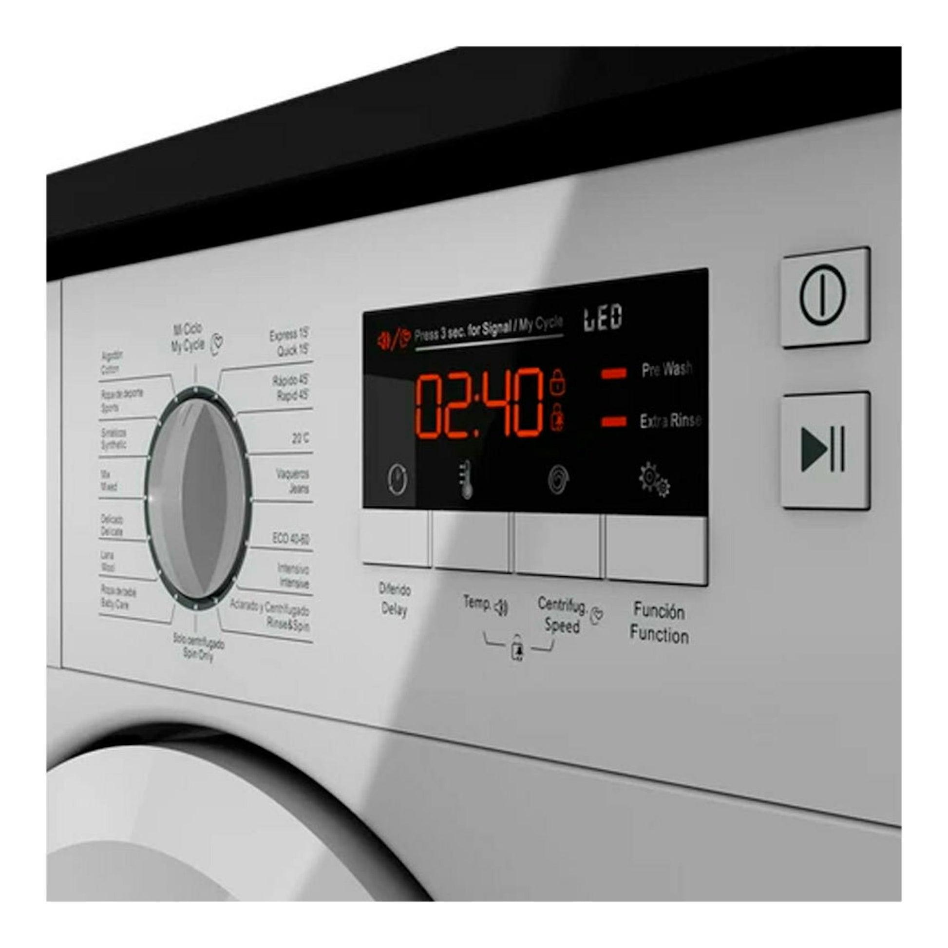 Lavadora integrable Teka LI61471 blanca, vista frontal parcial con panel digital y selector central.