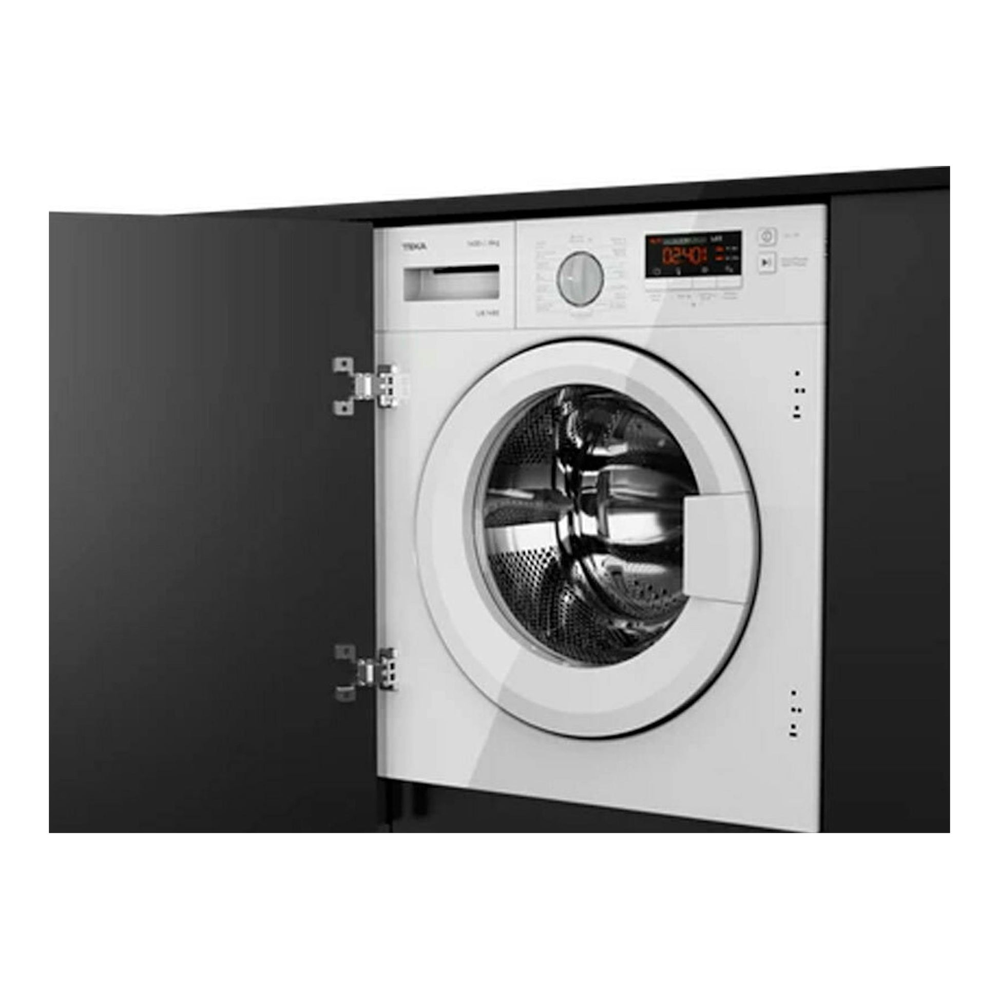 Lavadora integrable Teka LI61481 de 8 kg, blanca, vista frontal, en mueble negro con la puerta abierta.