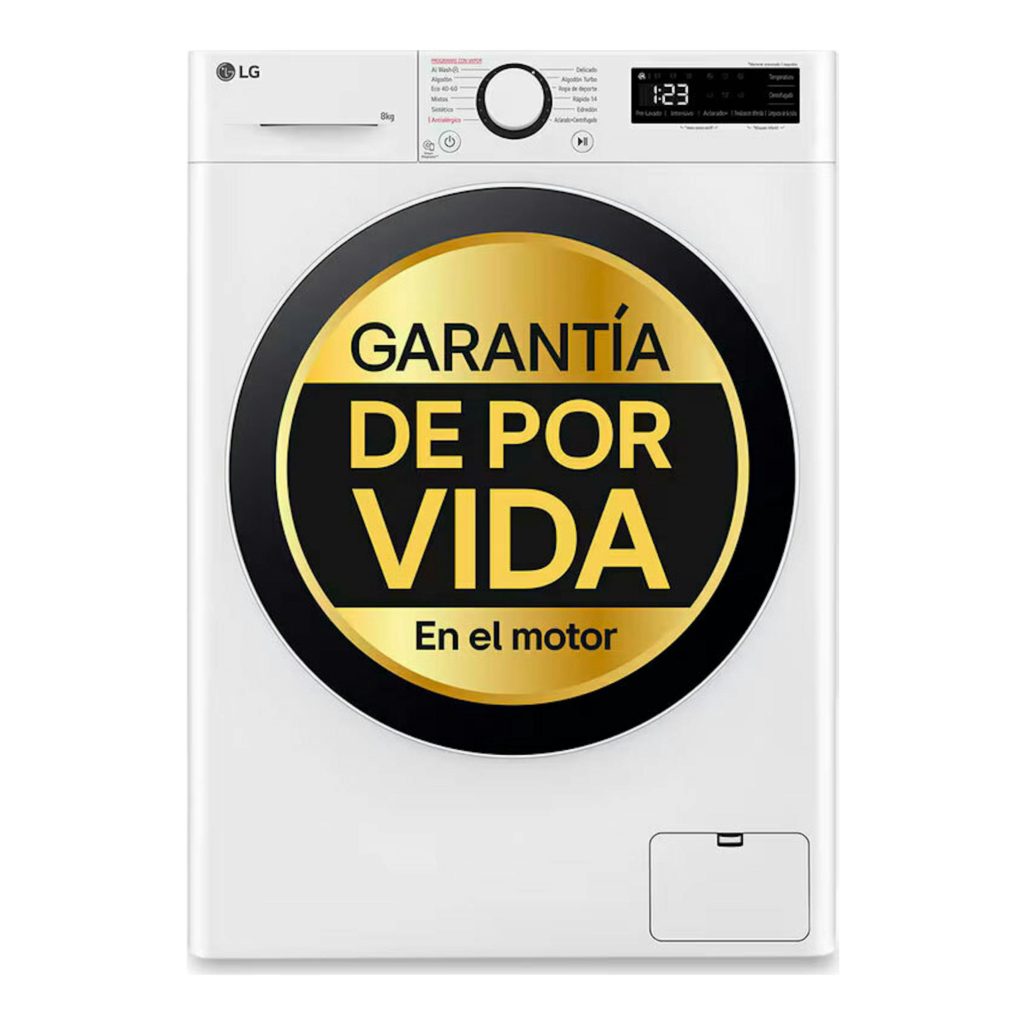 Lavadora LG F2WR5S08A0W blanca, vista frontal, con panel superior y sello circular de garantía de por vida.