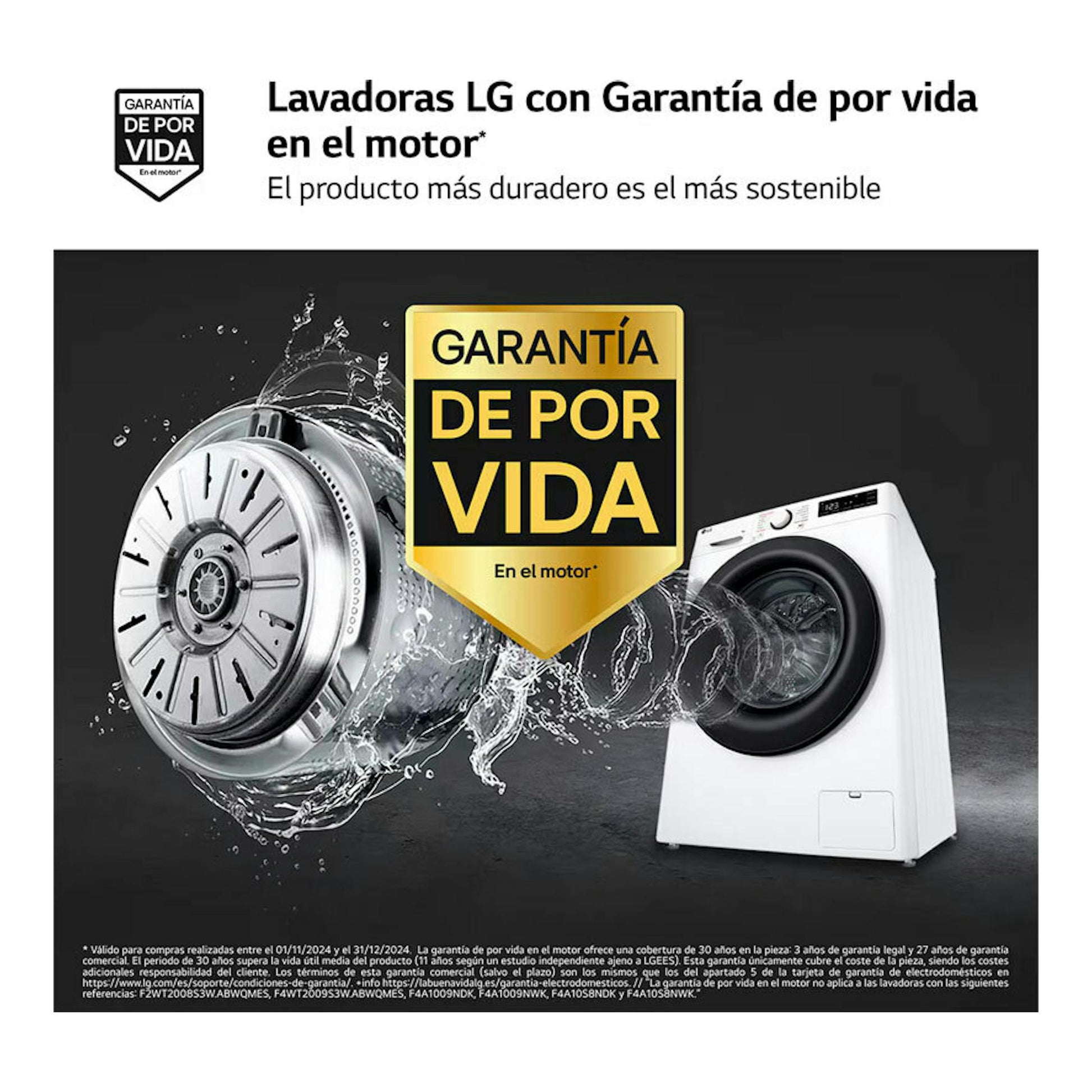 Lavadora LG F2WR5S08A0W blanca, vista frontal, en anuncio con motor y sello de garantía de por vida.